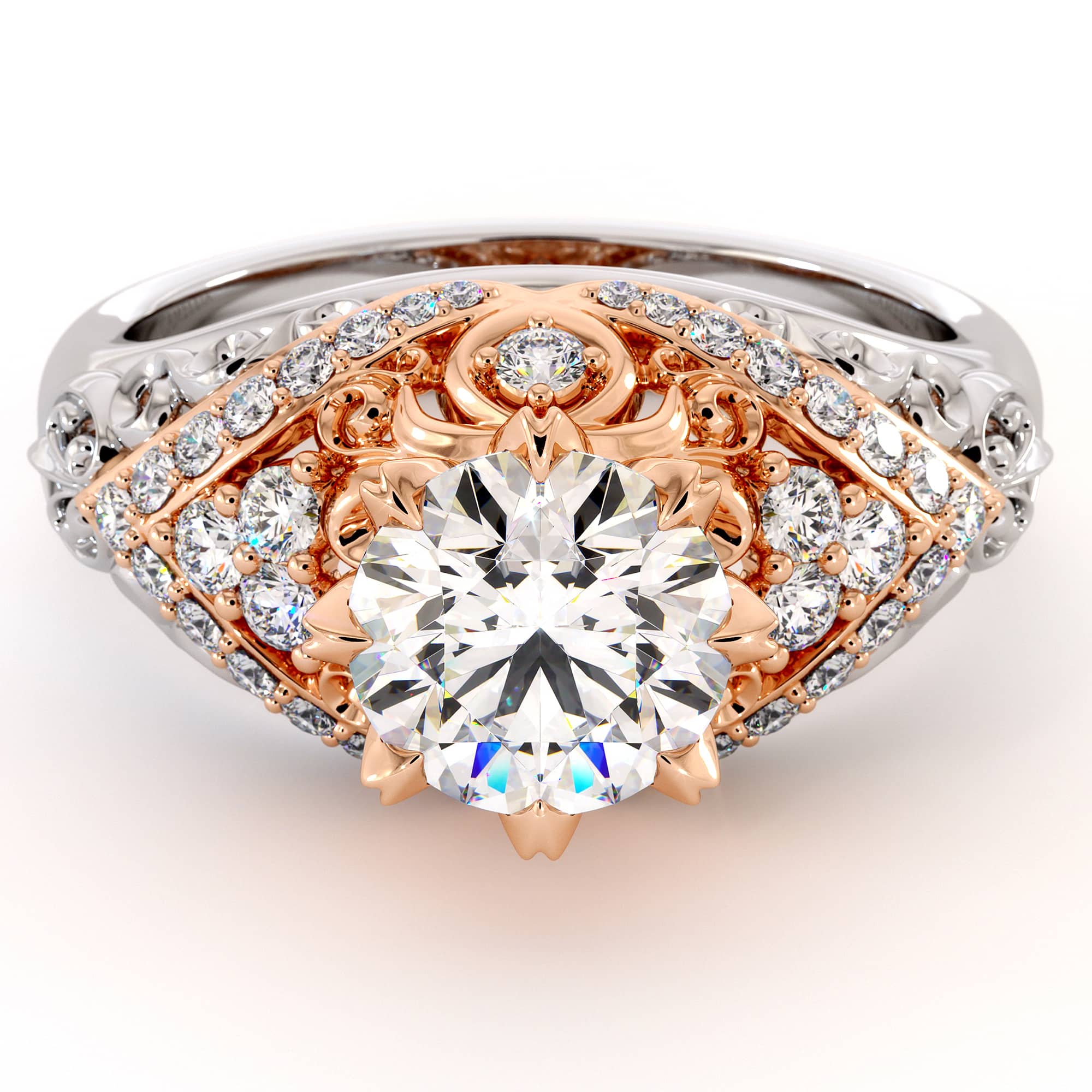 Exalted Diamonds Engagement Ring 1.55 Carat Round Moissanite Ring Two Tone Gold Engagement Ring Diamonds V Ring