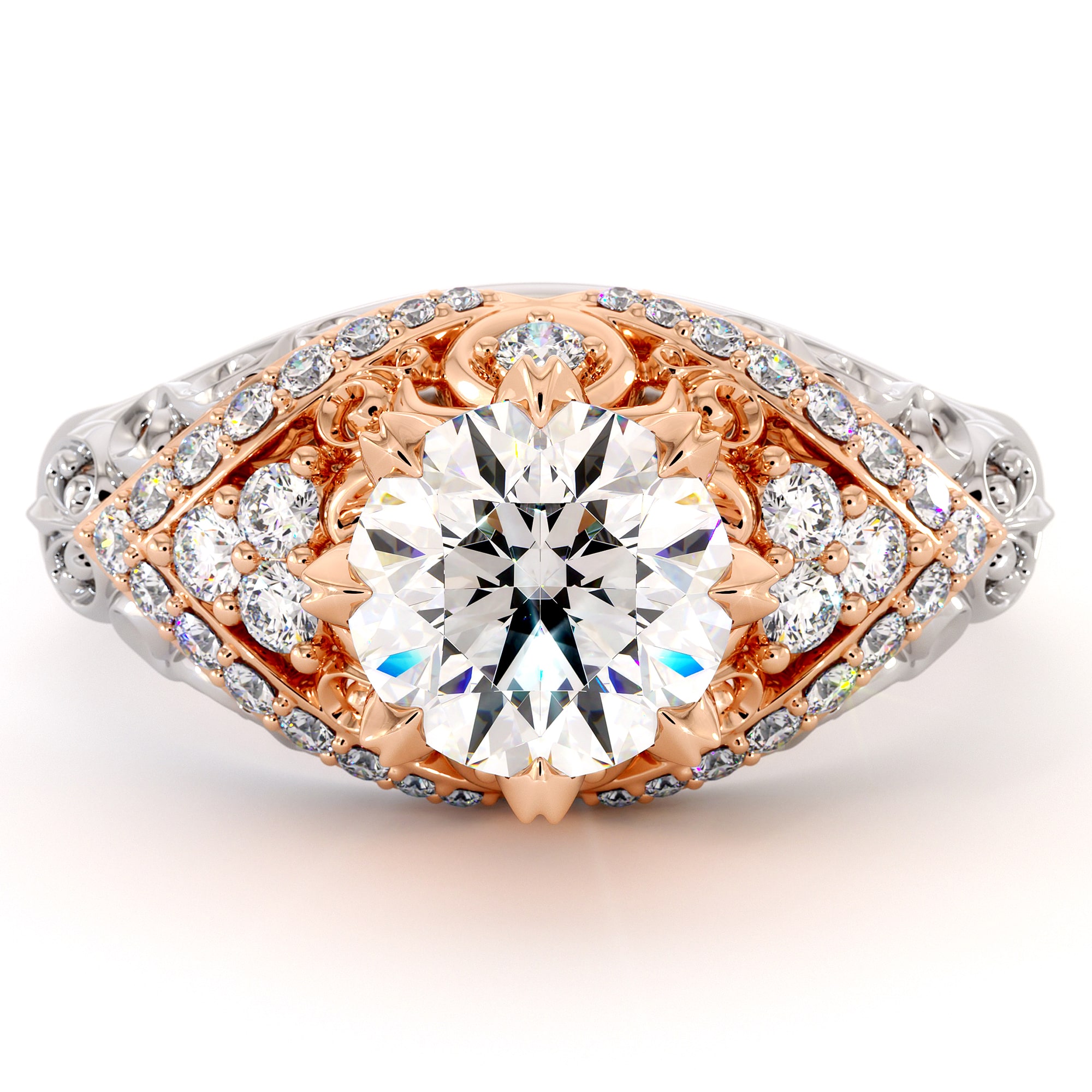 Exalted Diamonds Engagement Ring 1.55 Carat Round Moissanite Ring Two Tone Gold Engagement Ring Diamonds V Ring