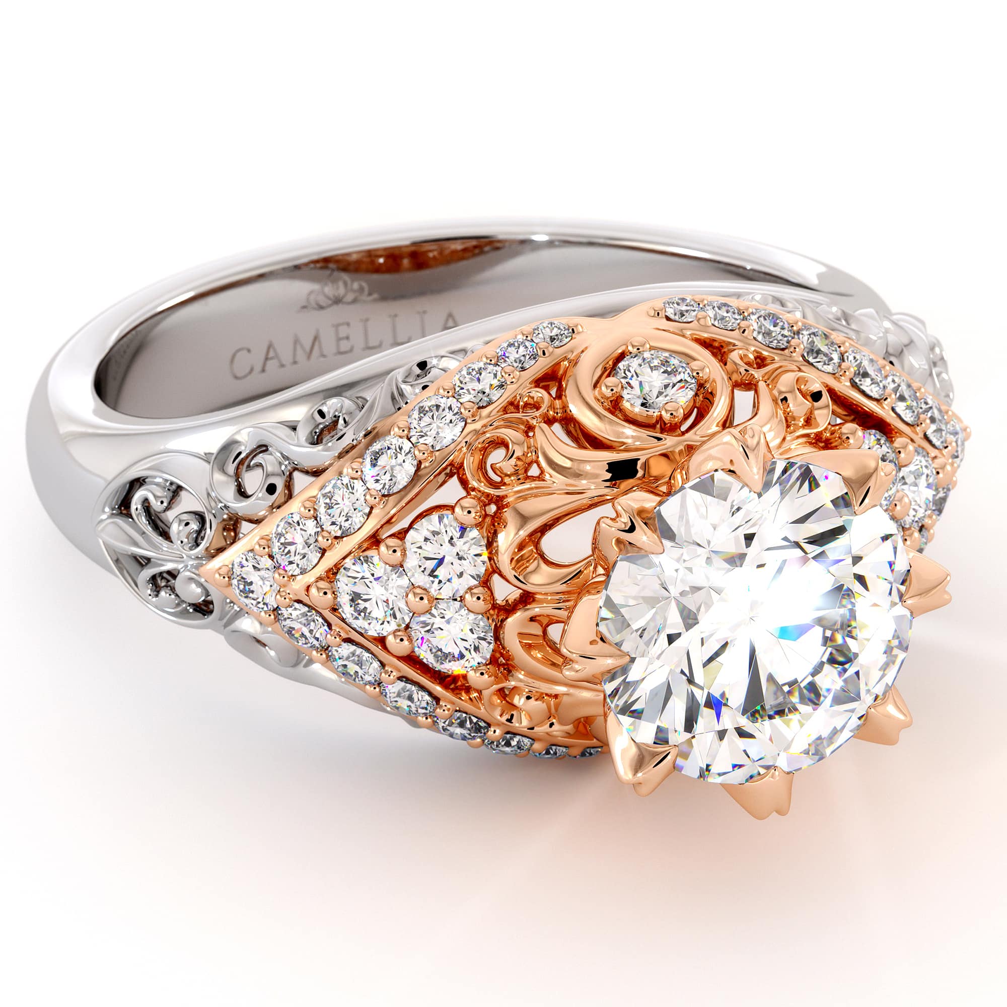 Exalted Diamonds Engagement Ring 1.55 Carat Round Moissanite Ring Two Tone Gold Engagement Ring Diamonds V Ring