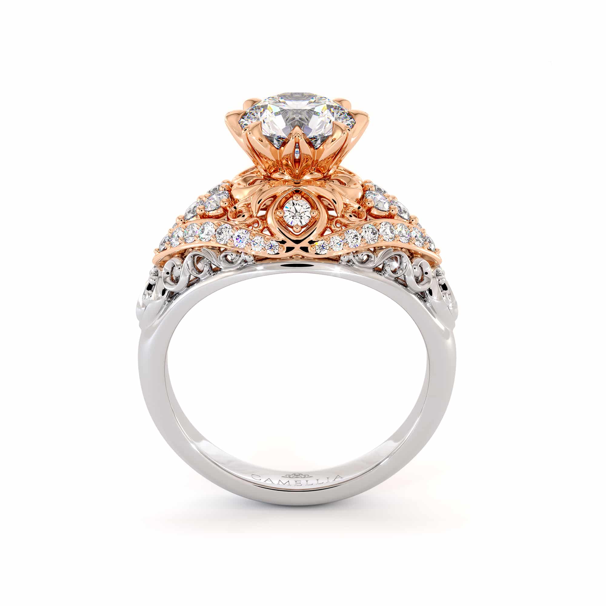 Exalted Diamonds Engagement Ring 1.55 Carat Round Moissanite Ring Two Tone Gold Engagement Ring Diamonds V Ring
