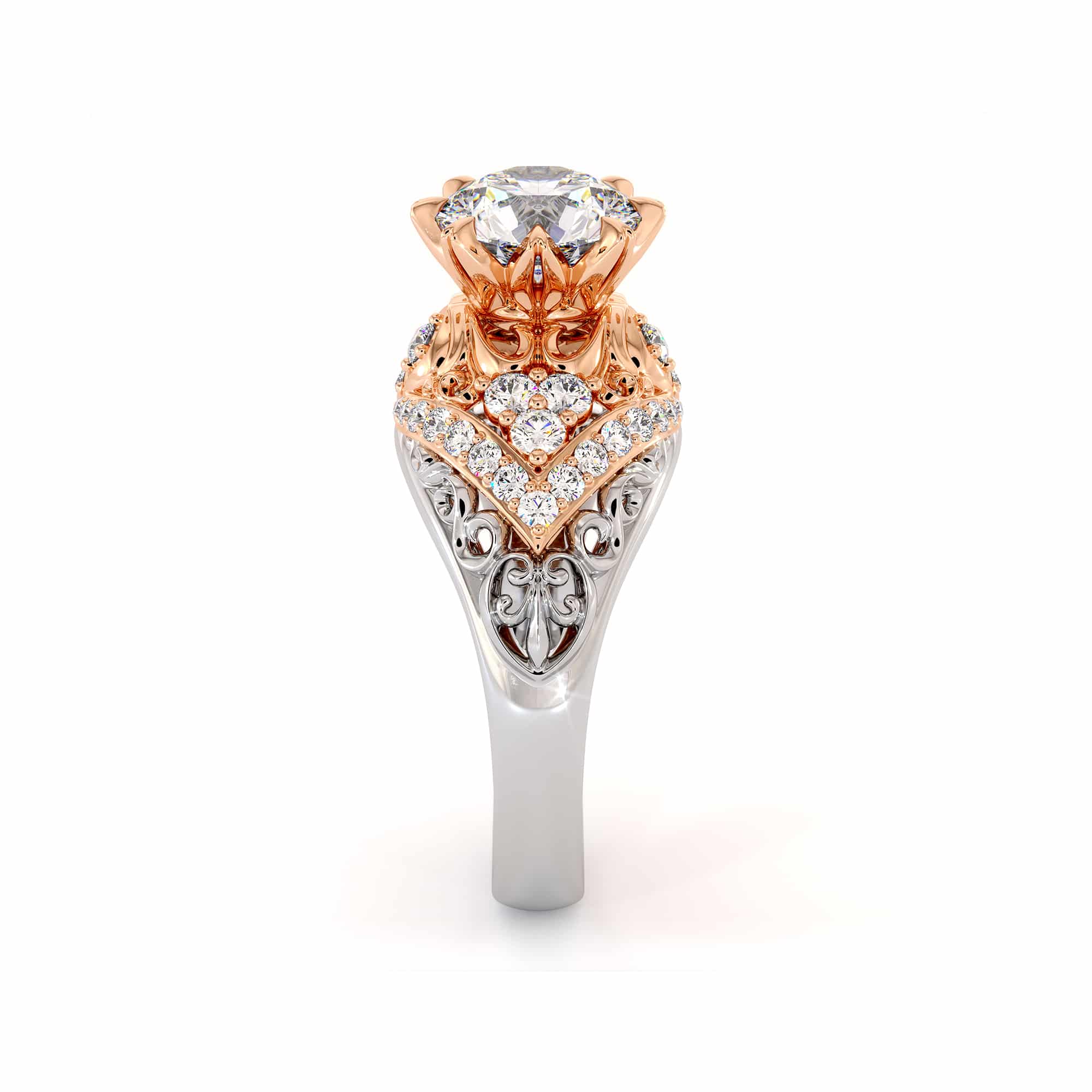 Exalted Diamonds Engagement Ring 1.55 Carat Round Moissanite Ring Two Tone Gold Engagement Ring Diamonds V Ring