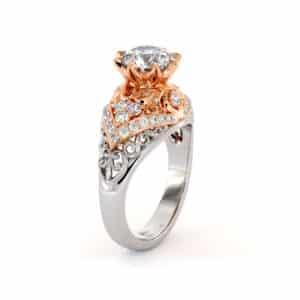 Exalted Diamonds Engagement Ring 1.55 Carat Round Moissanite Ring Two Tone Gold Engagement Ring Diamonds V Ring