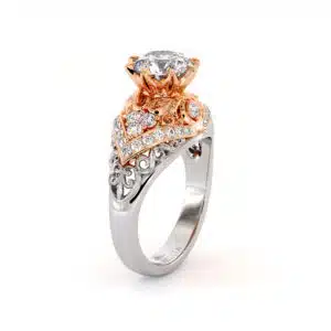 Exalted Diamonds Engagement Ring 1.55 Carat Round Moissanite Ring Two Tone Gold Engagement Ring Diamonds V Ring