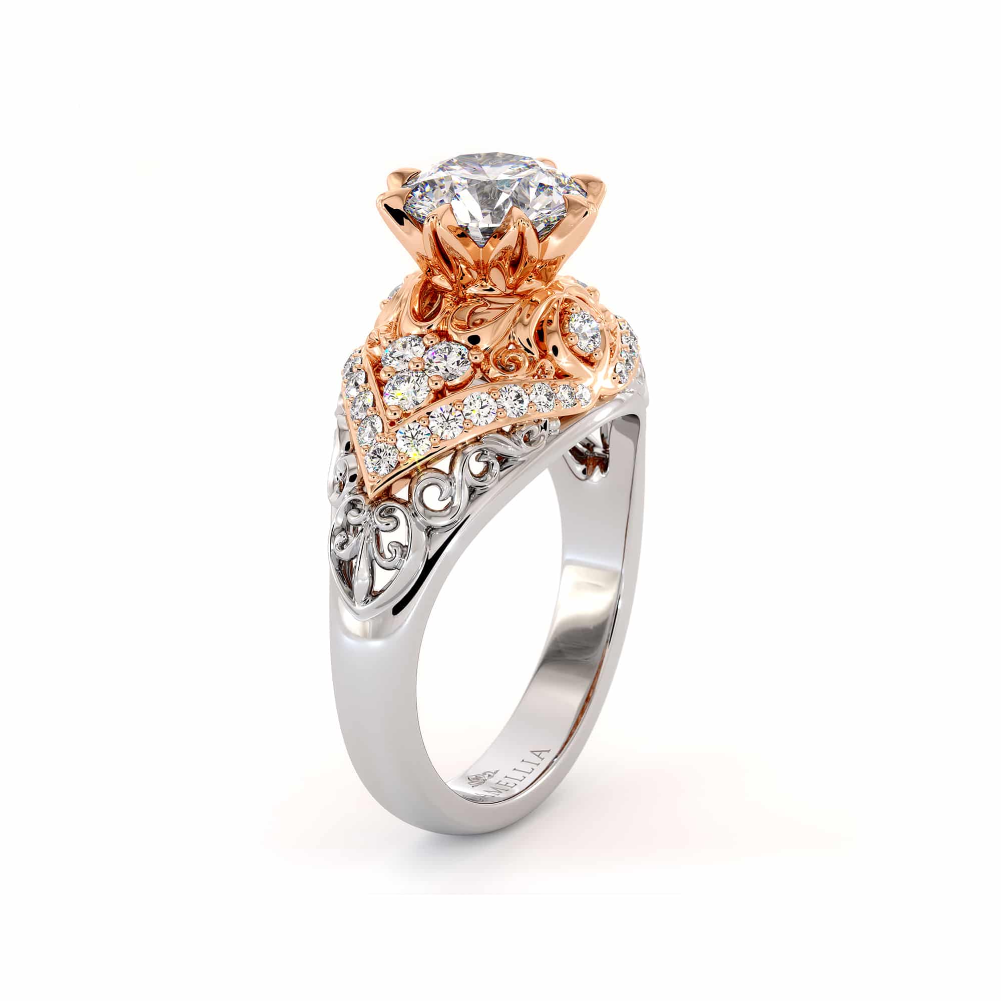 Exalted Diamonds Engagement Ring 1.55 Carat Round Moissanite Ring Two Tone Gold Engagement Ring Diamonds V Ring