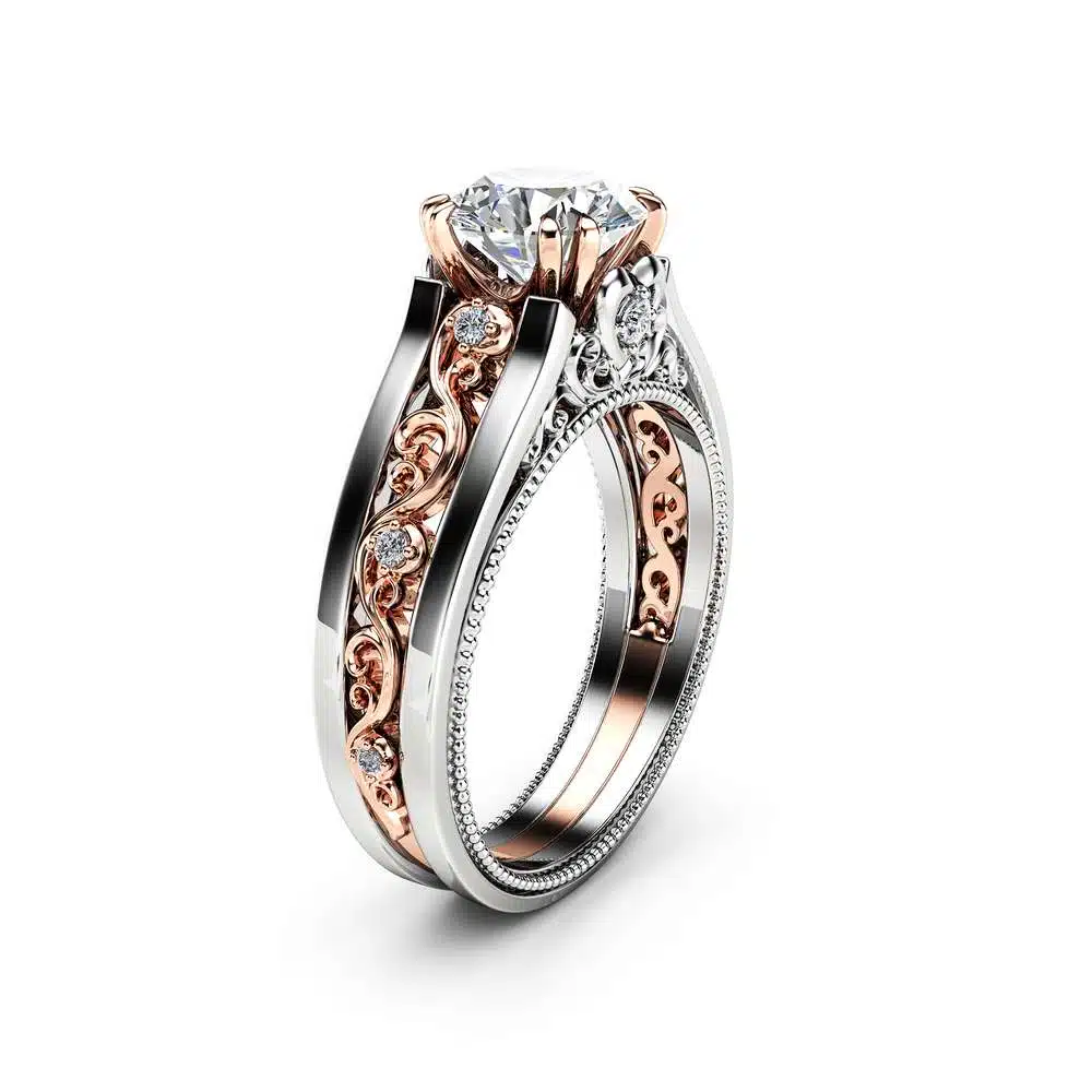 Antique Engagement Ring 14K Two Tone Gold Moissanite Ring  Moissanite Engagement Ring