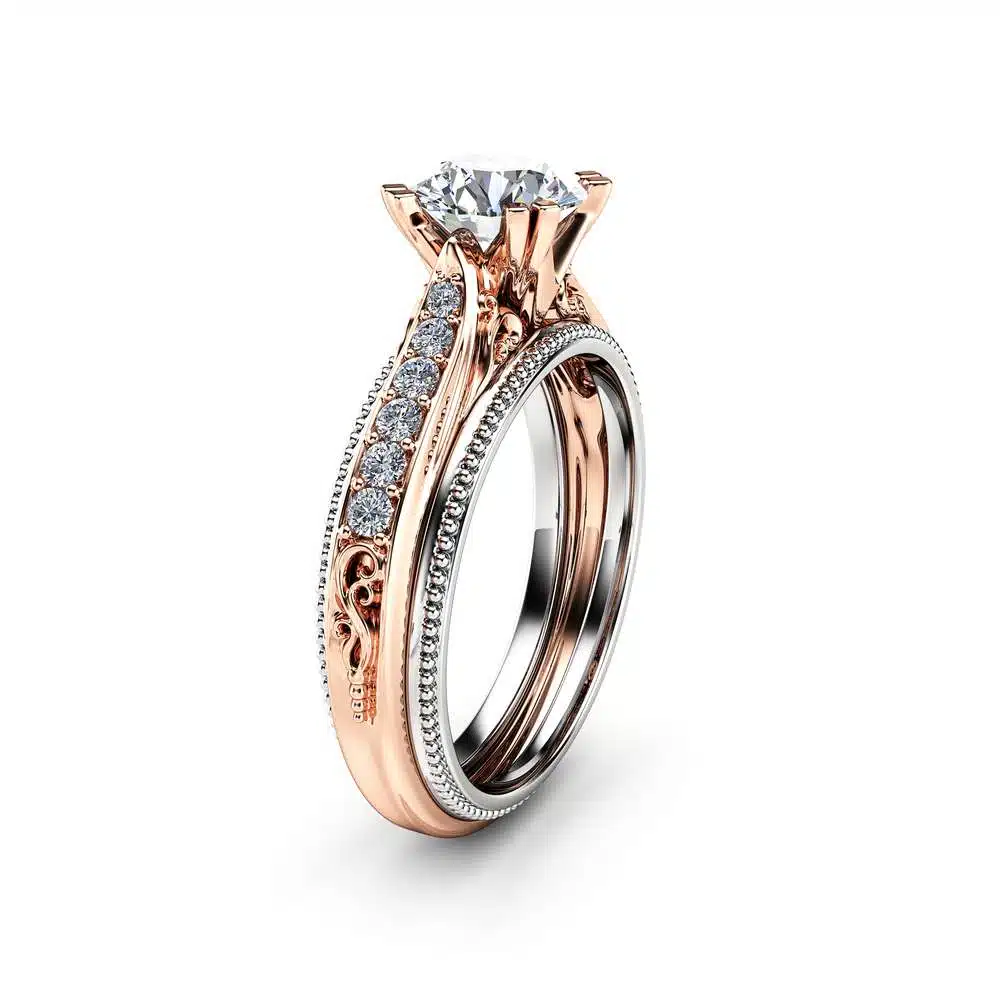 Unique Art Deco Engagement Ring 14K Two Tone Gold 1 Carat Moissanite Ring Vintage Moissanite Engagement Ring 1 Unique Art Deco Engagement Ring 14K Two Tone Gold 1 Carat Moissanite Ring Vintage Moissanite Engagement Ring