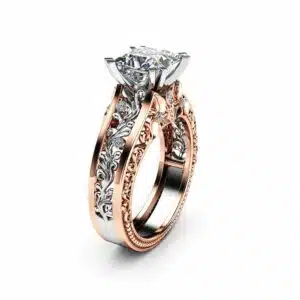 Art Deco Moissanite Engagement Ring Vintage 14K Two Tone Gold Ring Unique Princess Cut Engagement Ring