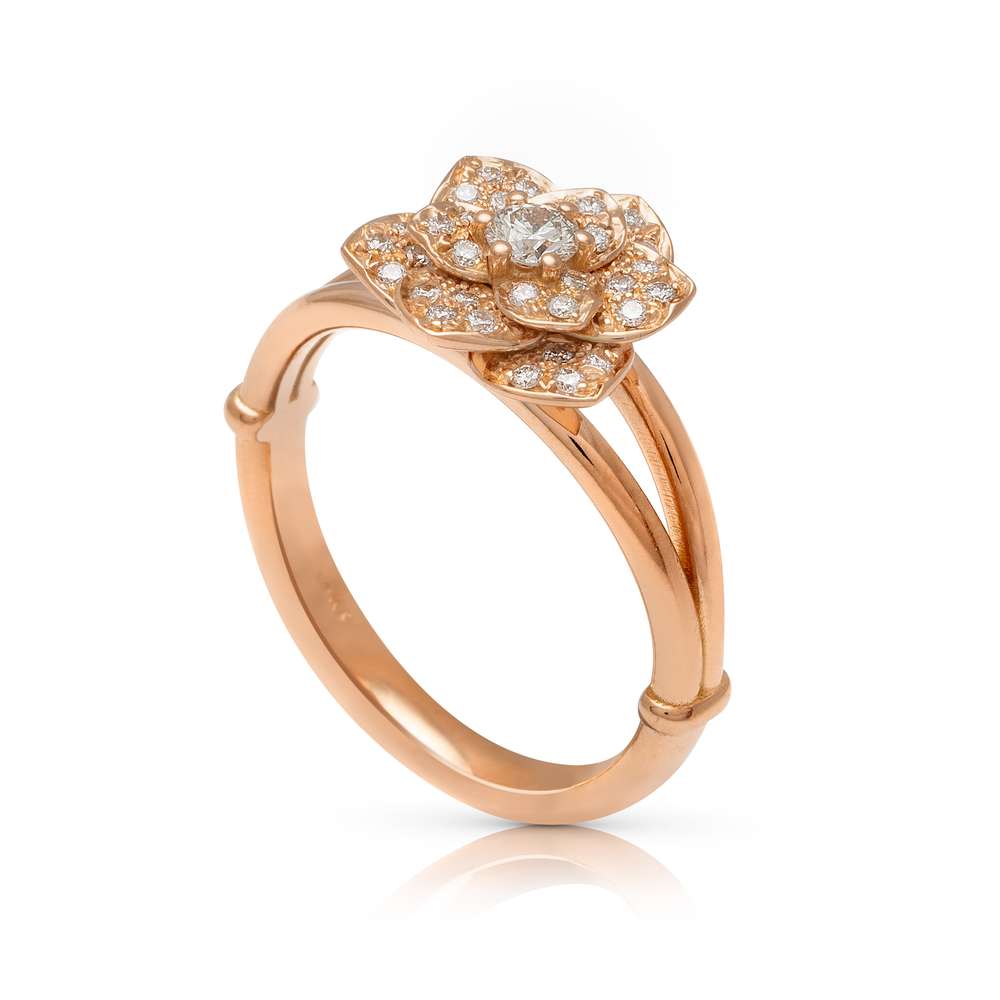 SF-0007A — Rose Gold, three-quarter view Rose gold rose ring at three-quarter angle, layered pave petals raised on a split polished shank