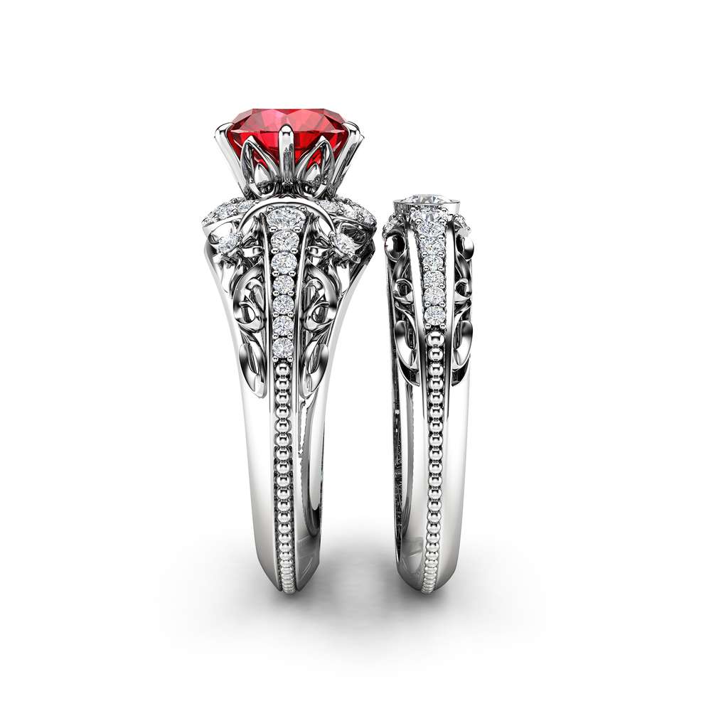 Ruby Engagement Ring Set 14K White Gold Diamonds Rings Ruby Ring and Matching Diamond Wedding Band Fine Jewelry