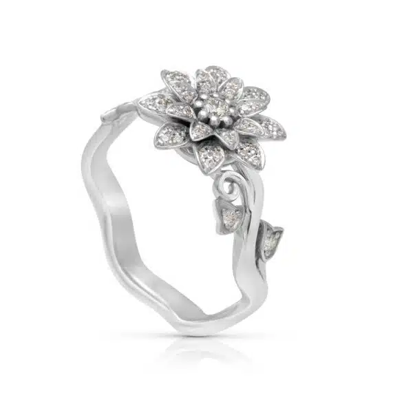 Unique Lotus Flower Design Engagement Ring Unique Handmade 14K White ...