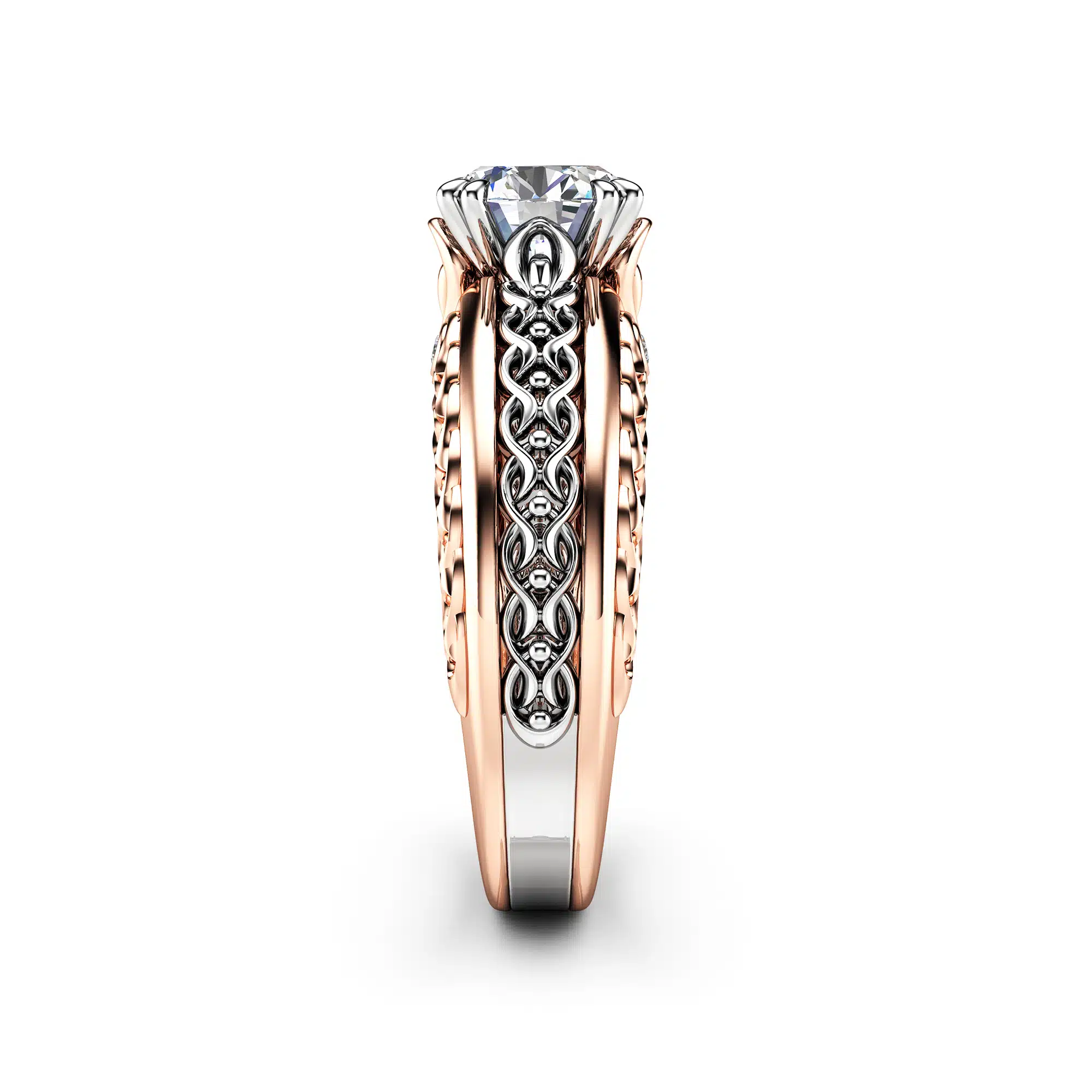 Peacock Feather Design 14K Rose & White Gold Engagement Ring 3.60 Carat Moissanite Engagement Ring