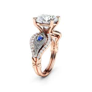 Peacock Feather Design 14K Rose & White Gold Engagement Ring 3.60 Carat Moissanite Engagement Ring