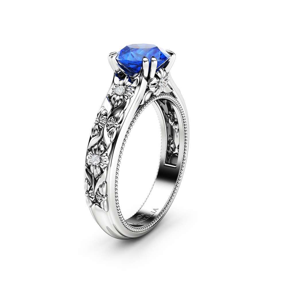 KT-0050B Filigree Flowers Sapphire Engagement Ring 14K White Gold Ring Unique Floral Ring Anniversary Gift