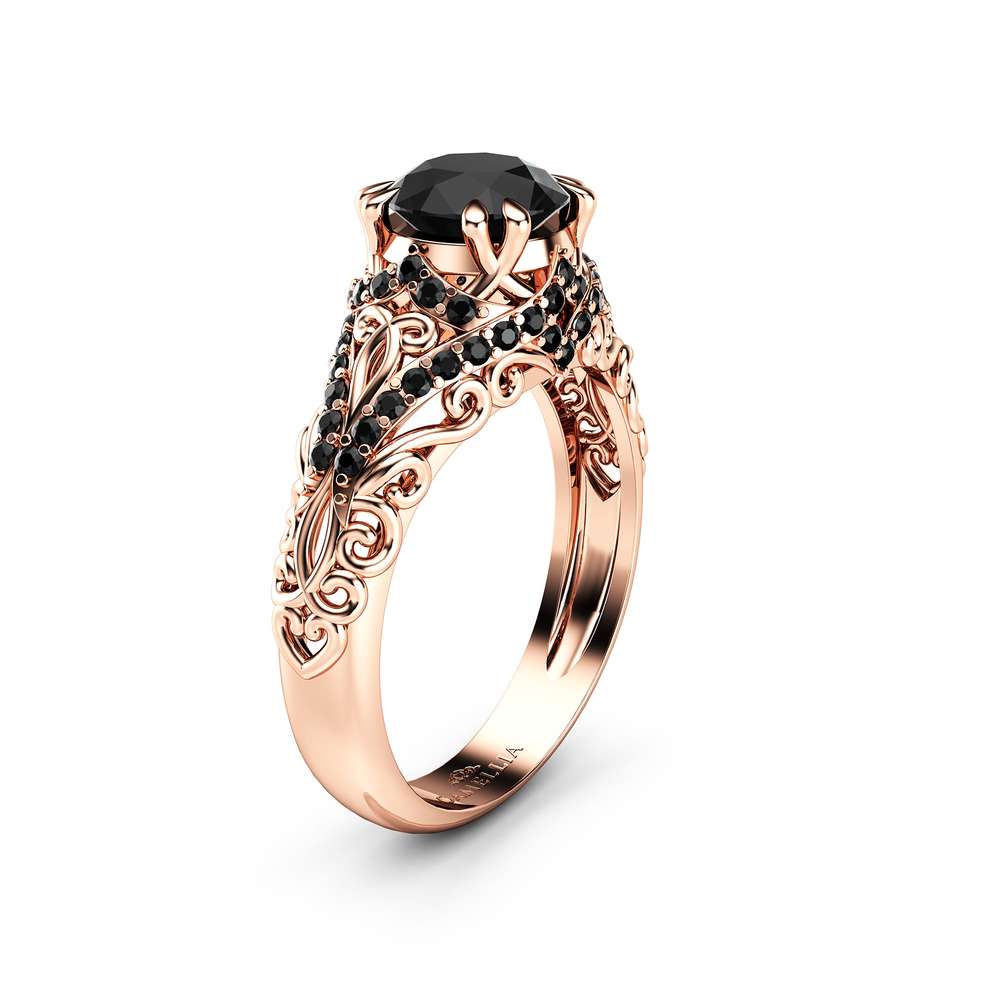 AL-0072B Black Diamond Engagement Ring 1 Ct Round Cut Diamond wedding ring 14K Rose Gold Band