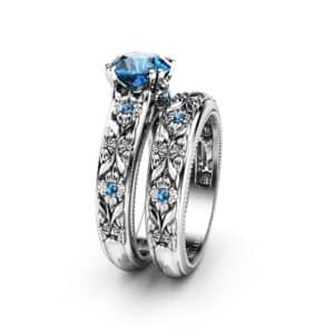 Blue Diamond Wedding Ring Set 14K White Gold Floral Pattern