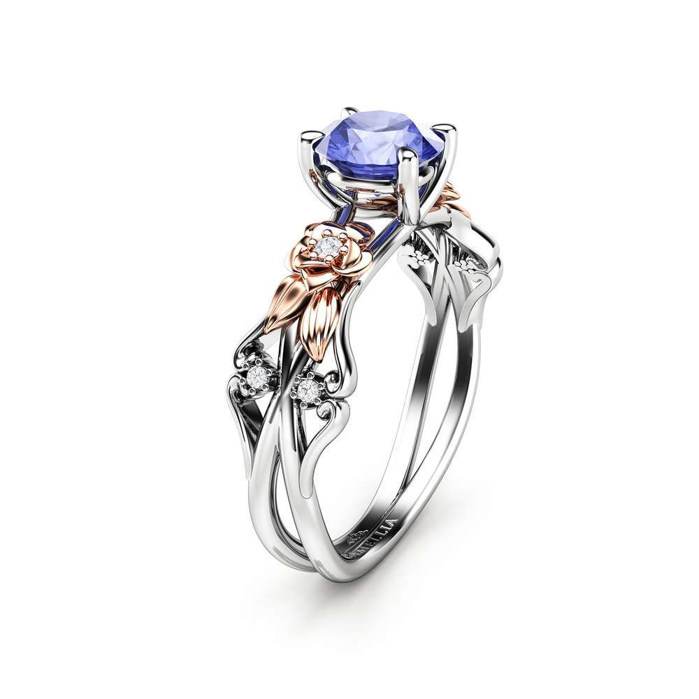 Natural Tanzanite Engagement Ring-Unique Engagement Ring-Floral Ring-Tanzanite Gemstone Anniversary Ring 1 Natural Tanzanite Engagement Ring-Unique Engagement Ring-Floral Ring-Tanzanite Gemstone Anniversary Ring