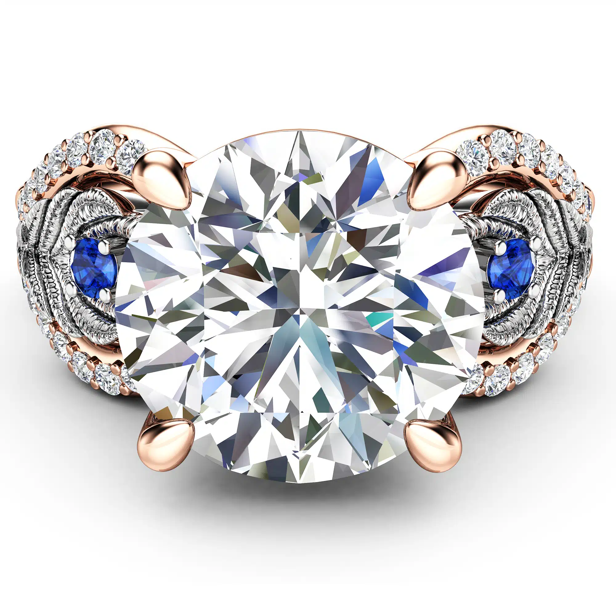 Peacock Feather Design 14K Rose & White Gold Engagement Ring 3.60 Carat Moissanite Engagement Ring