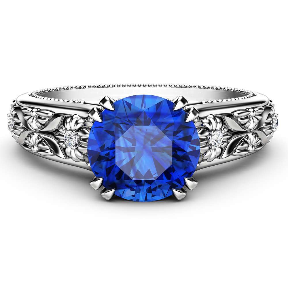 KT-0050B Filigree Flowers Sapphire Engagement Ring 14K White Gold Ring Unique Floral Ring Anniversary Gift