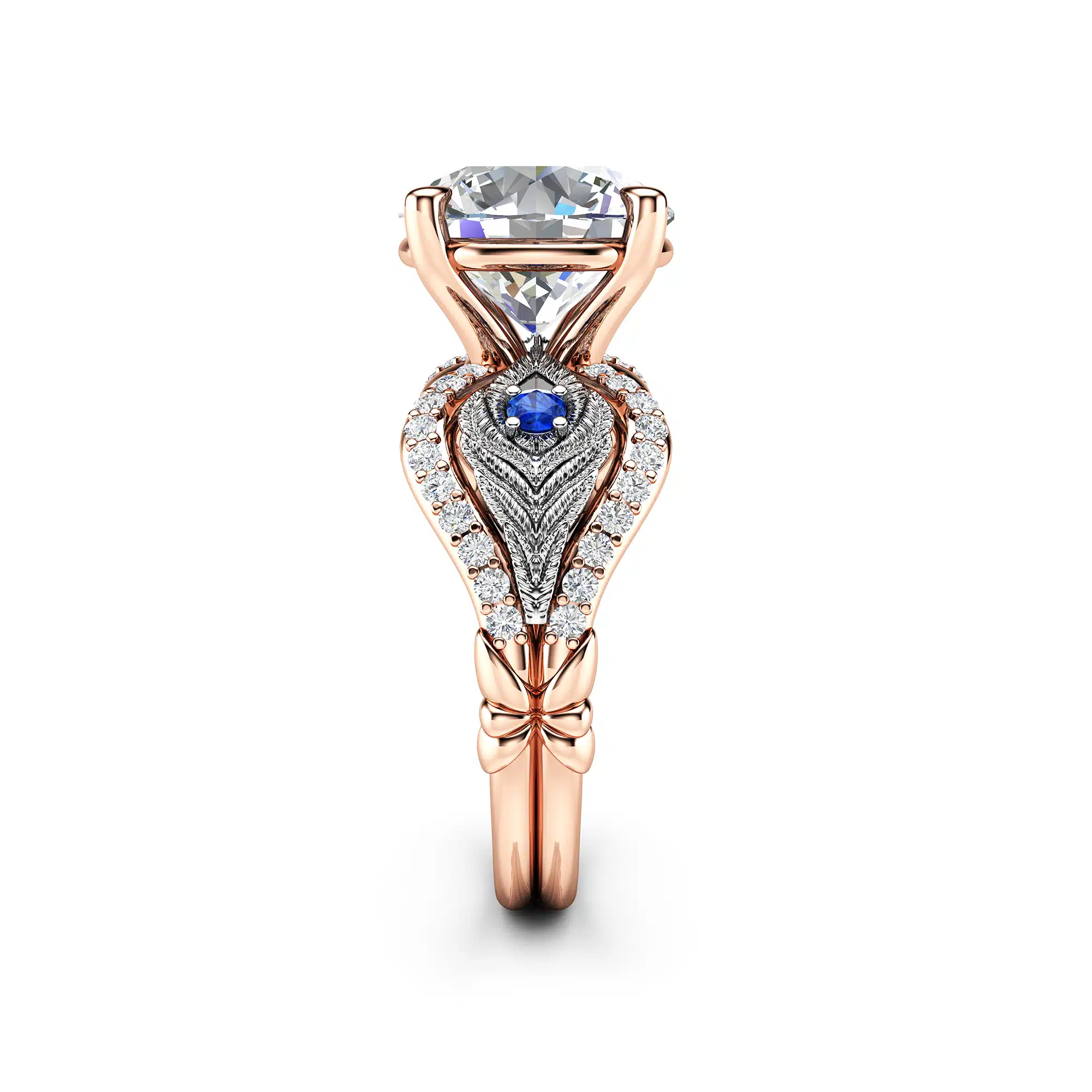 Peacock Feather Design 14K Rose & White Gold Engagement Ring 3.60 Carat Moissanite Engagement Ring