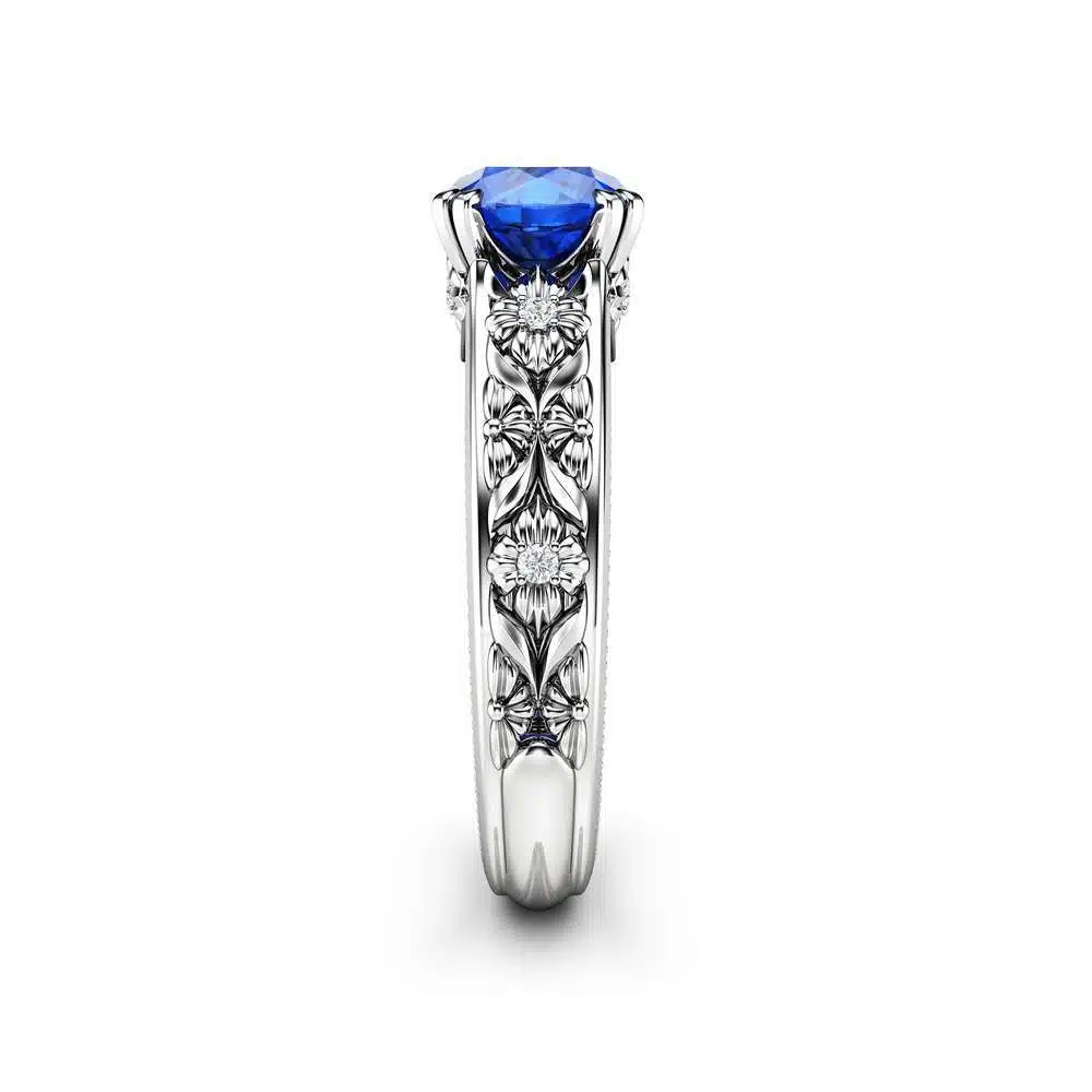 KT-0050B Filigree Flowers Sapphire Engagement Ring 14K White Gold Ring Unique Floral Ring Anniversary Gift