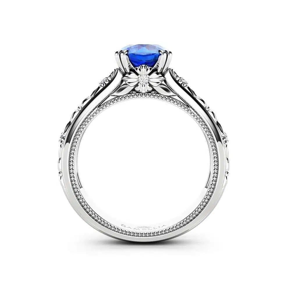 KT-0050B Filigree Flowers Sapphire Engagement Ring 14K White Gold Ring Unique Floral Ring Anniversary Gift