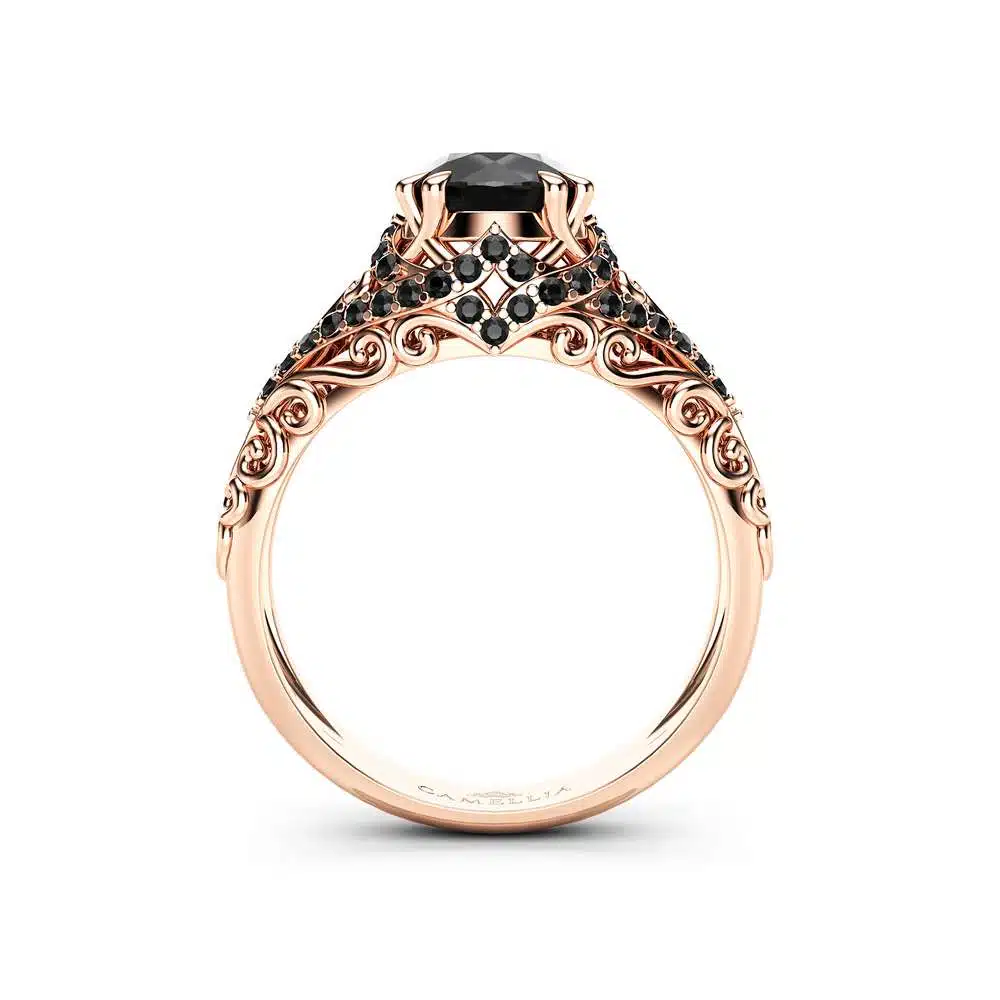 AL-0072B Black Diamond Engagement Ring 1 Ct Round Cut Diamond wedding ring 14K Rose Gold Band
