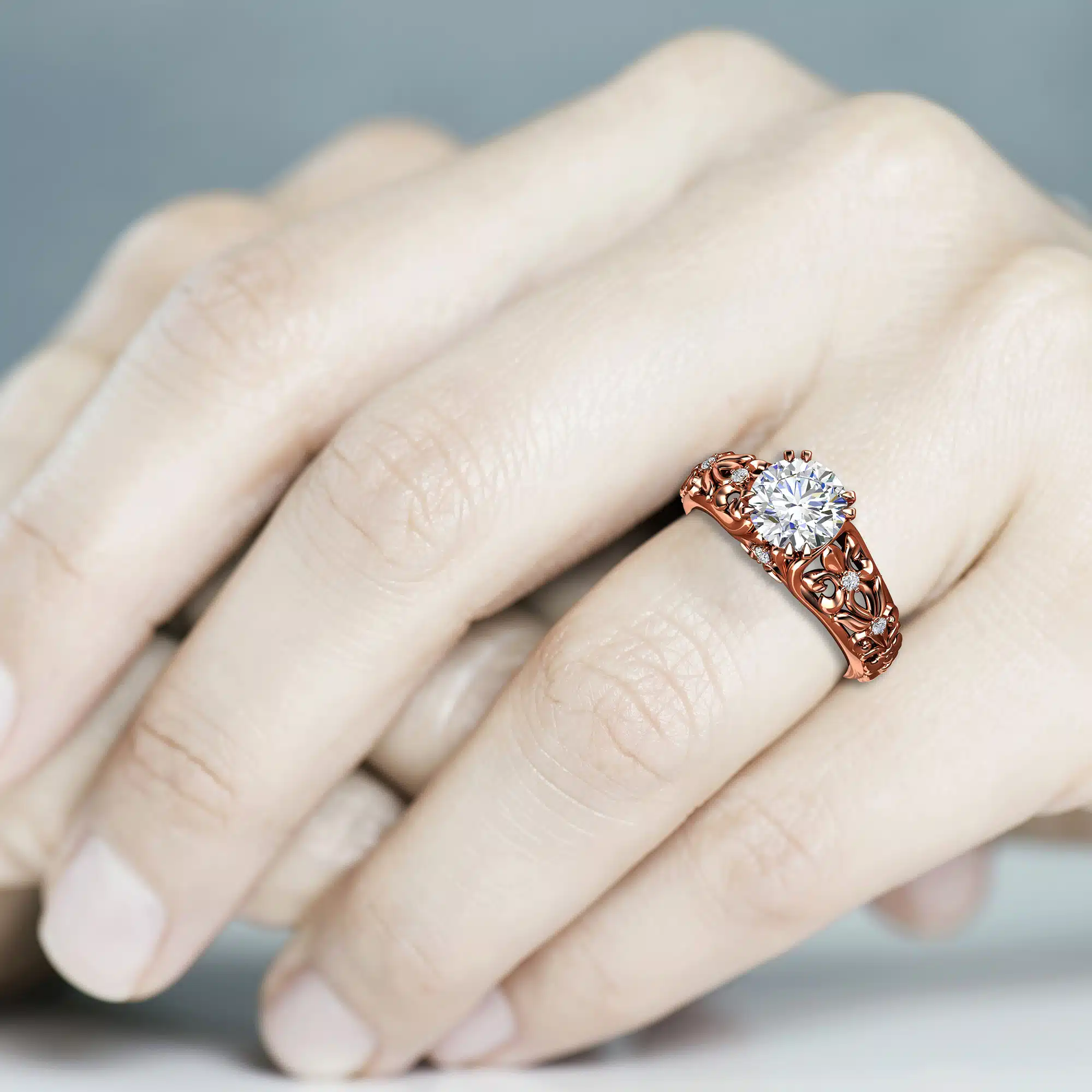 Art Nouveau Moissanite Ring Rose Gold Lab Grown Diamond Engagement Ring Diamond Alternative Engagement Ring 5 Art Nouveau Moissanite Ring Rose Gold Lab Grown Diamond Engagement Ring Diamond Alternative Engagement Ring