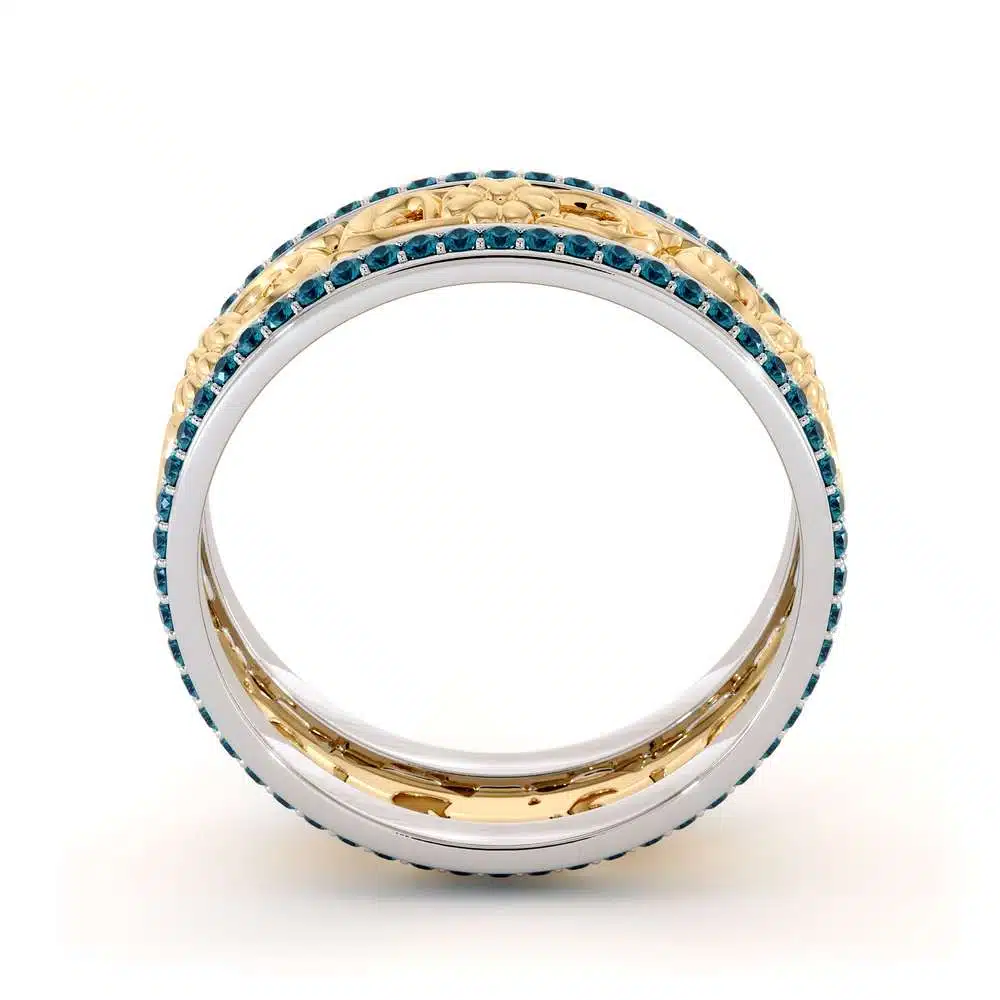 Unique Natural Blue Diamonds Wedding Band 14K Two Tone Gold Ring Unique Wedding Band