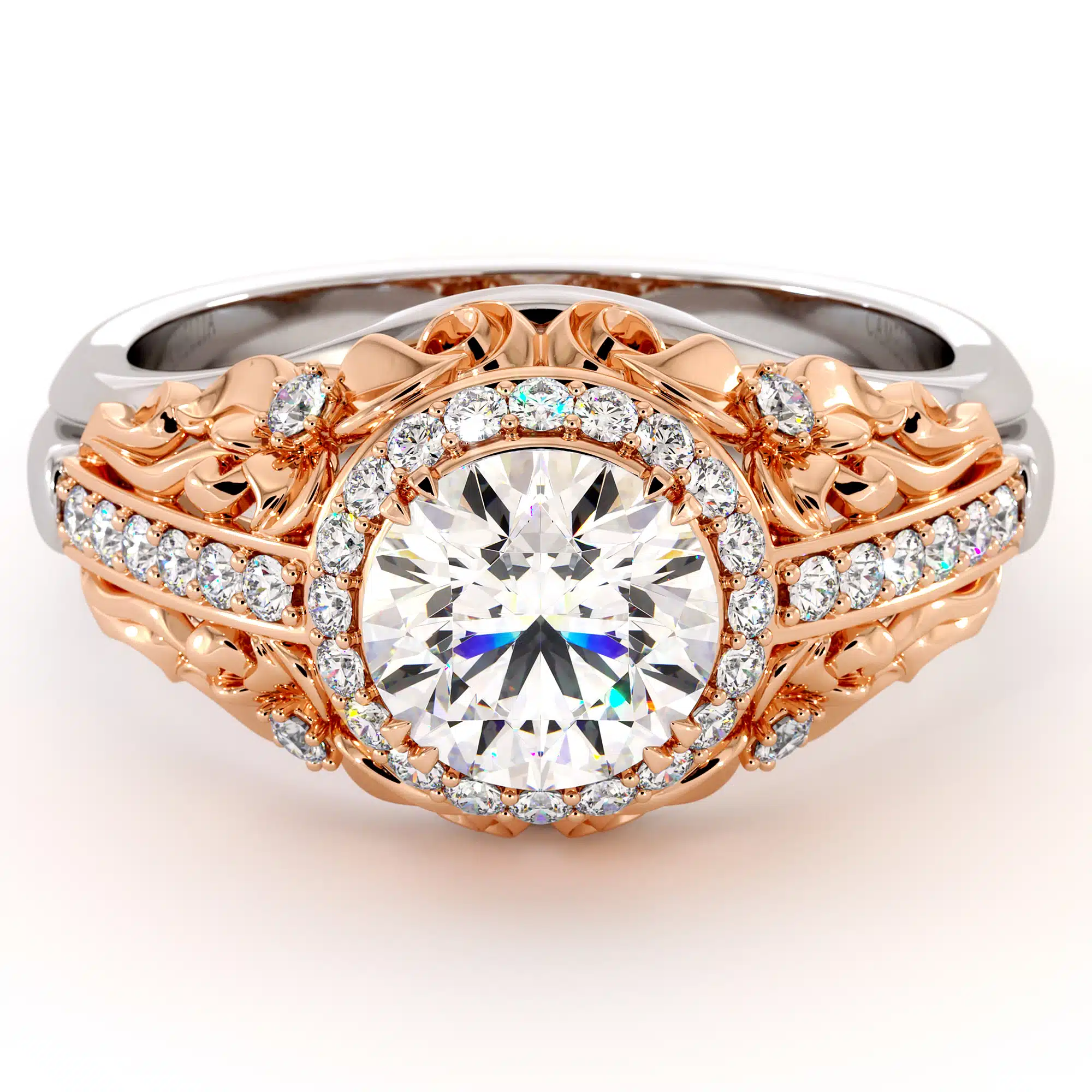 Moissanite Two Tone Gold Engagement Ring Unique Diamond Halo Ring