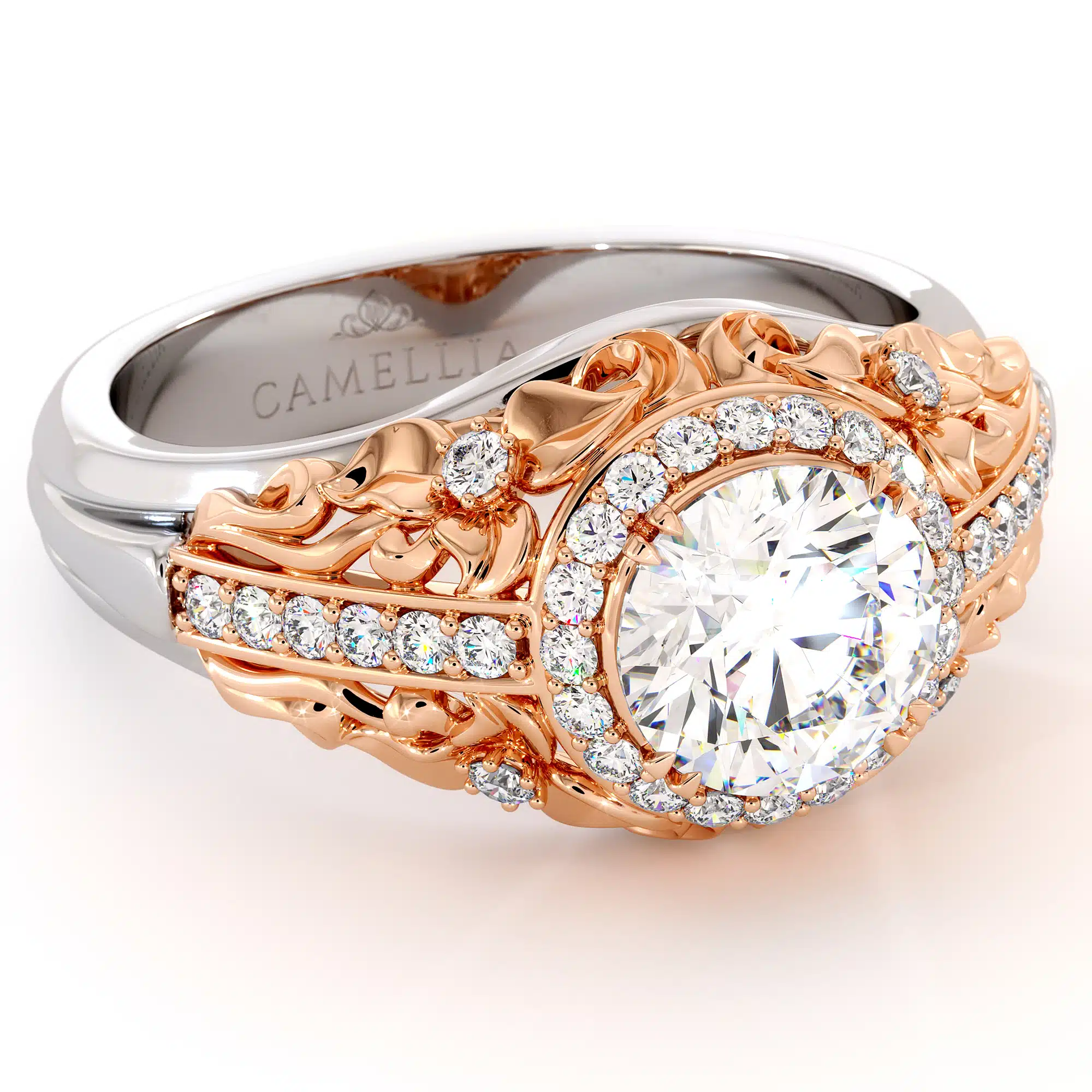 Moissanite Two Tone Gold Engagement Ring Unique Diamond Halo Ring