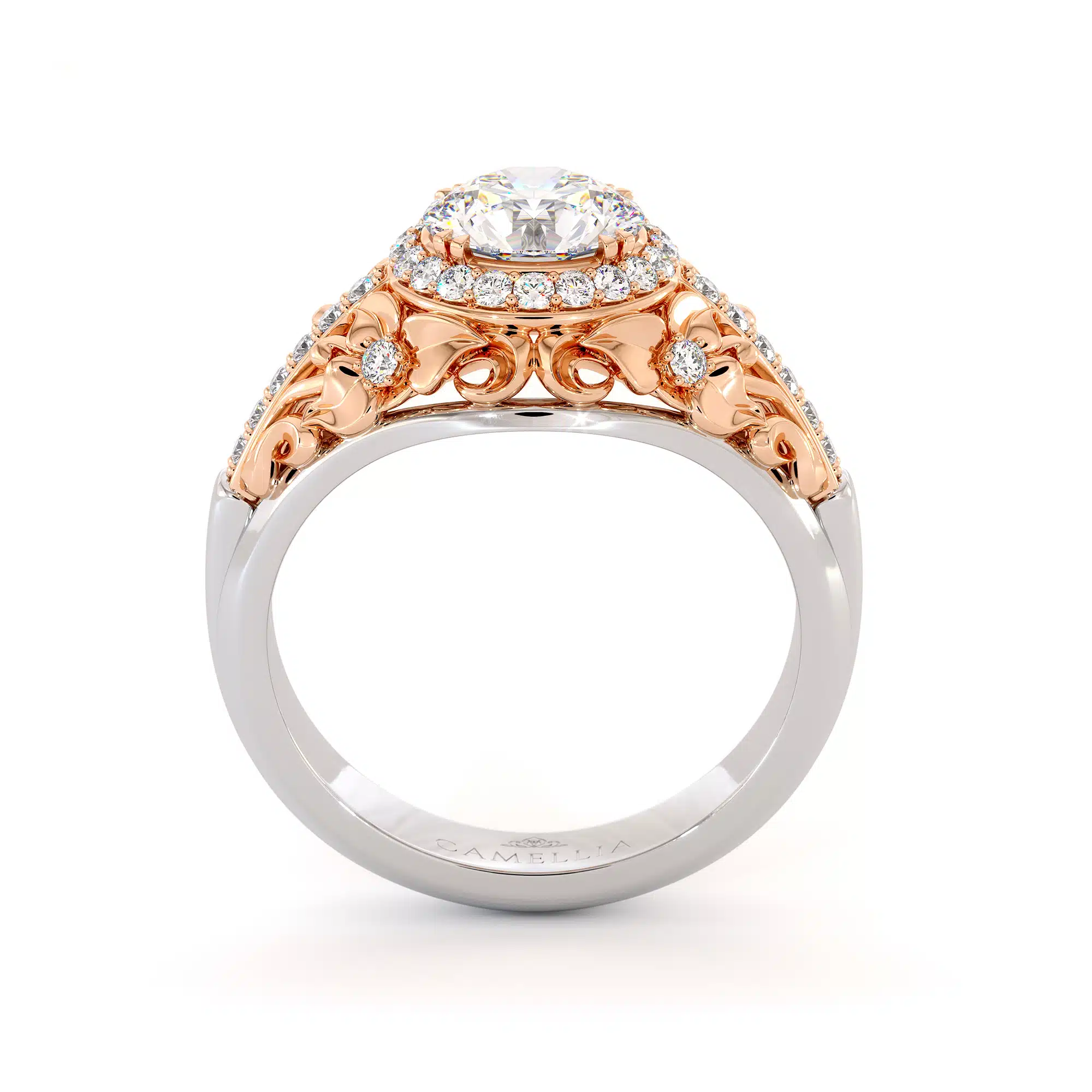 Moissanite Two Tone Gold Engagement Ring Unique Diamond Halo Ring