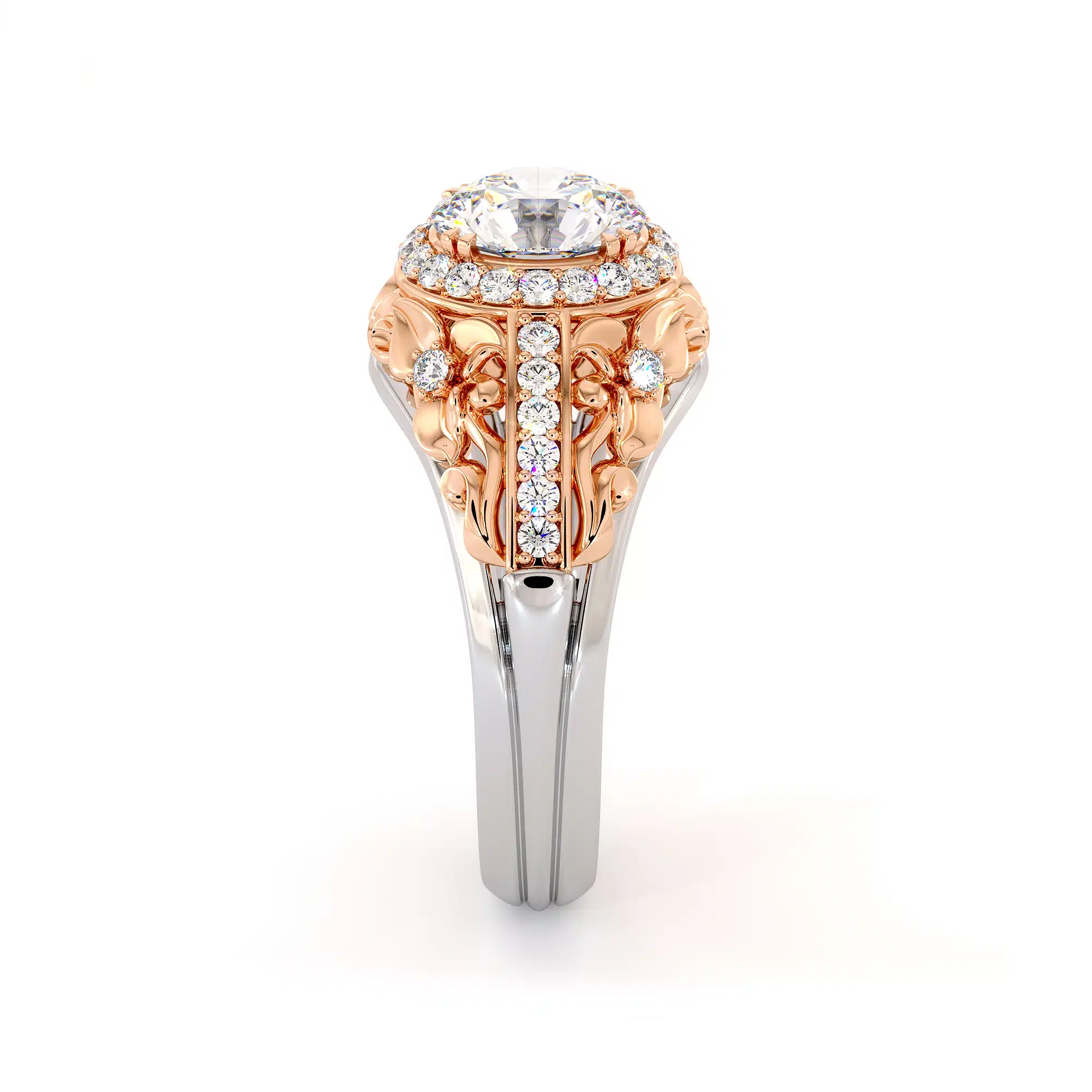 Moissanite Two Tone Gold Engagement Ring Unique Diamond Halo Ring