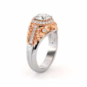 Moissanite Two Tone Gold Engagement Ring Unique Diamond Halo Ring