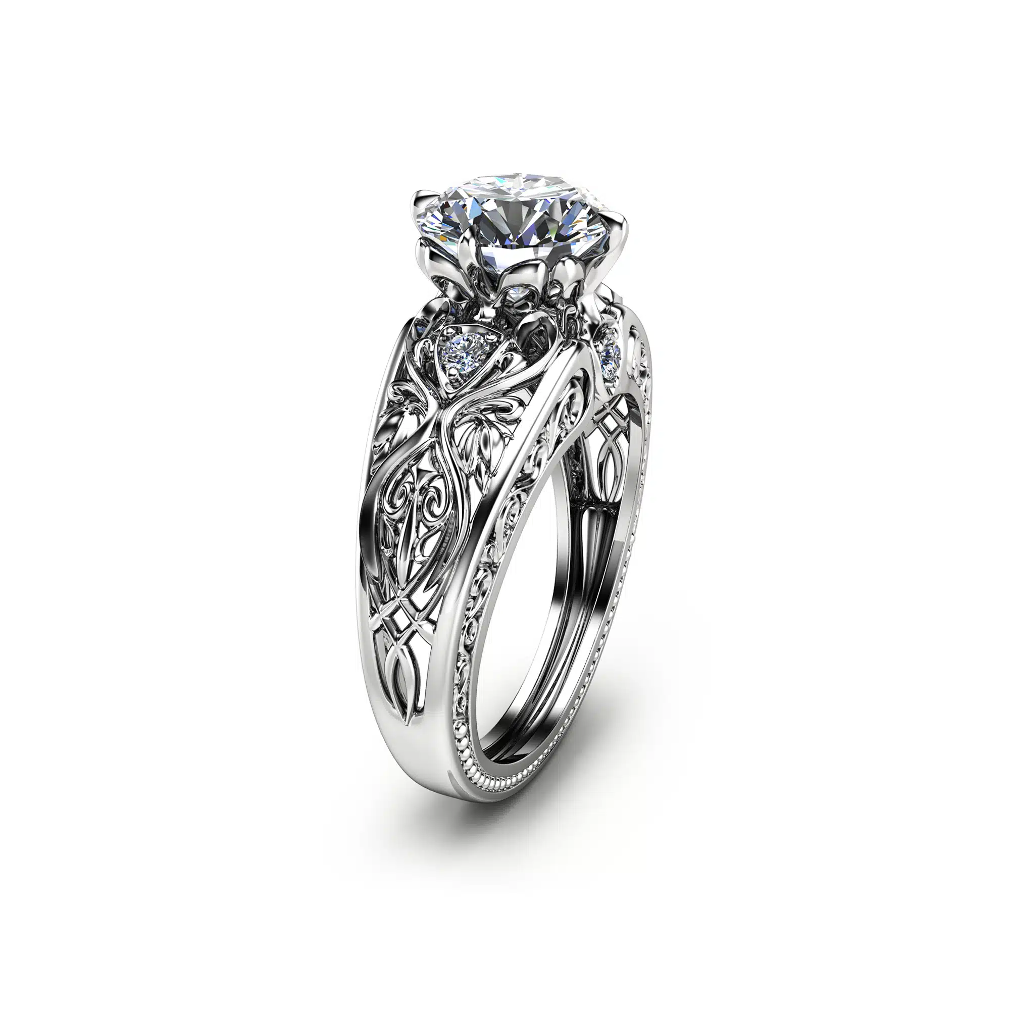 14K White Gold Moissanite Engagement Ring Art Deco Styled Ring Unique Design Wedding Ring 1 14K White Gold Moissanite Engagement Ring Art Deco Styled Ring Unique Design Wedding Ring