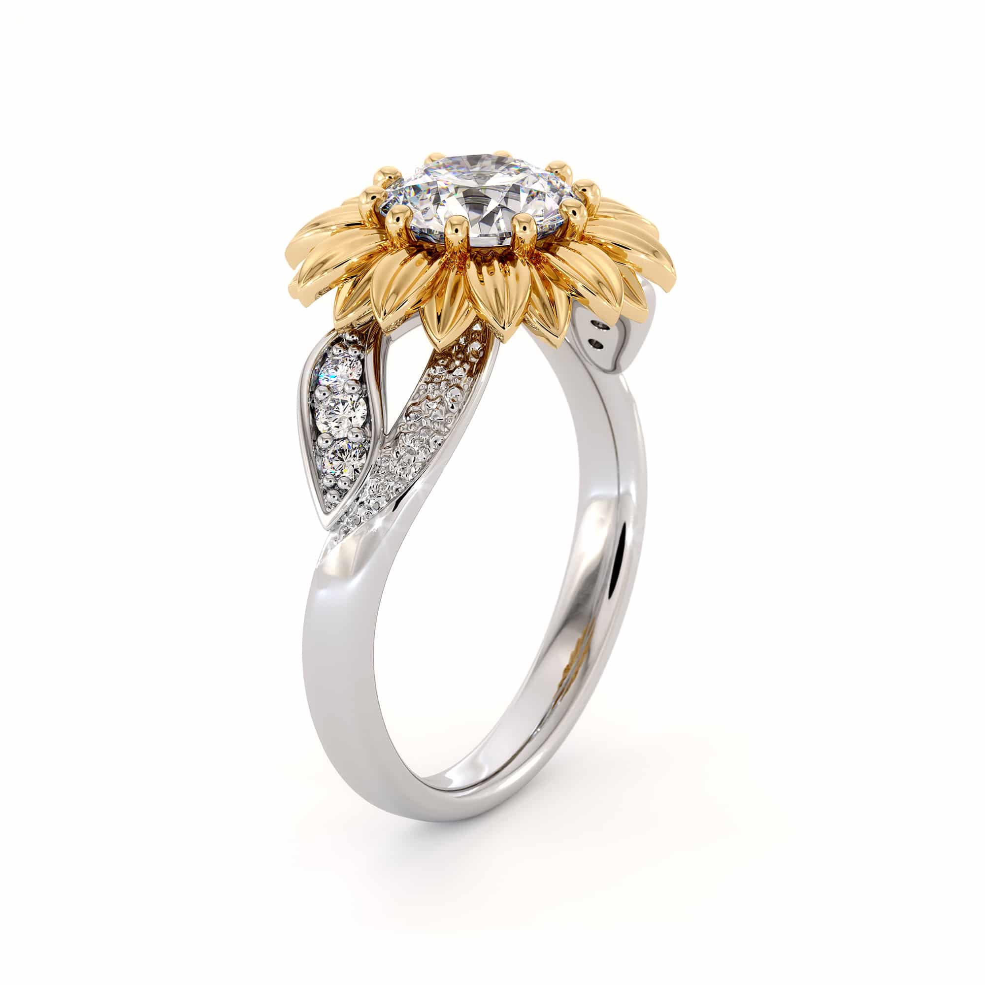 thumbnail image 2 of Two Tone Gold Sunflower Engagement Ring With Natural Diamond Unique Flower Ring 2 of 9