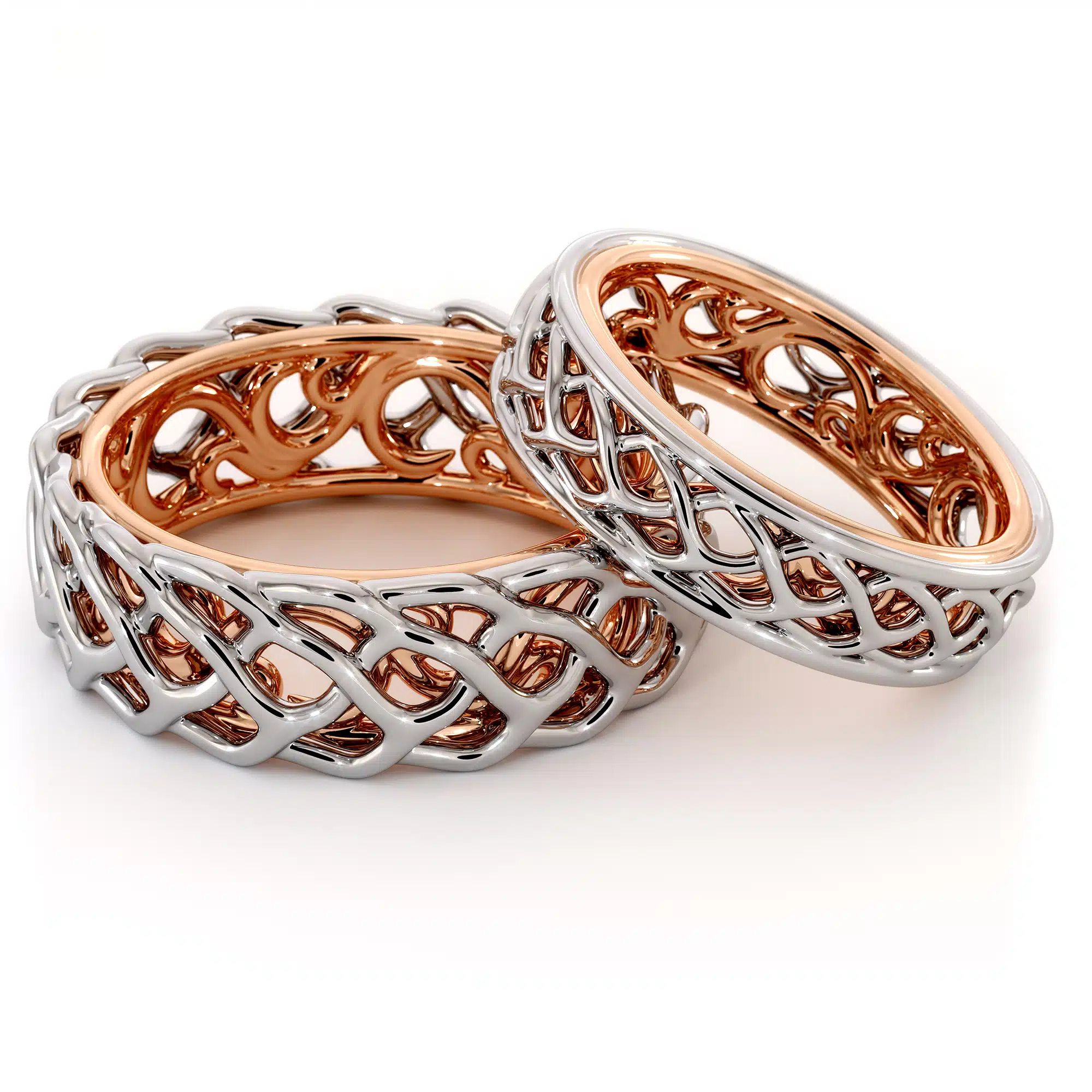 His and Hers Matching Art Deco Bands 14K Two Tone Love Wedding Bands