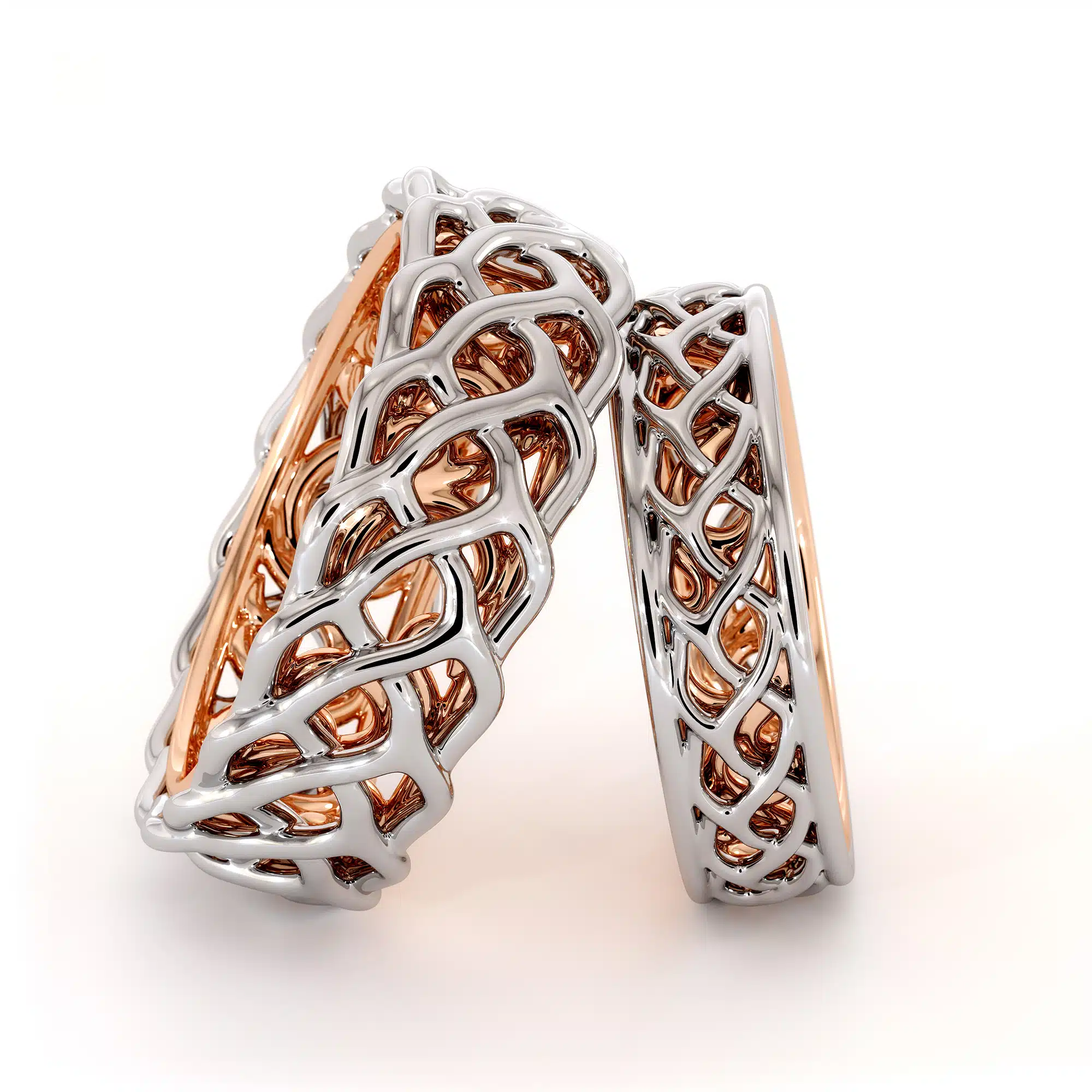 His and Hers Matching Art Deco Bands 14K Two Tone Love Wedding Bands
