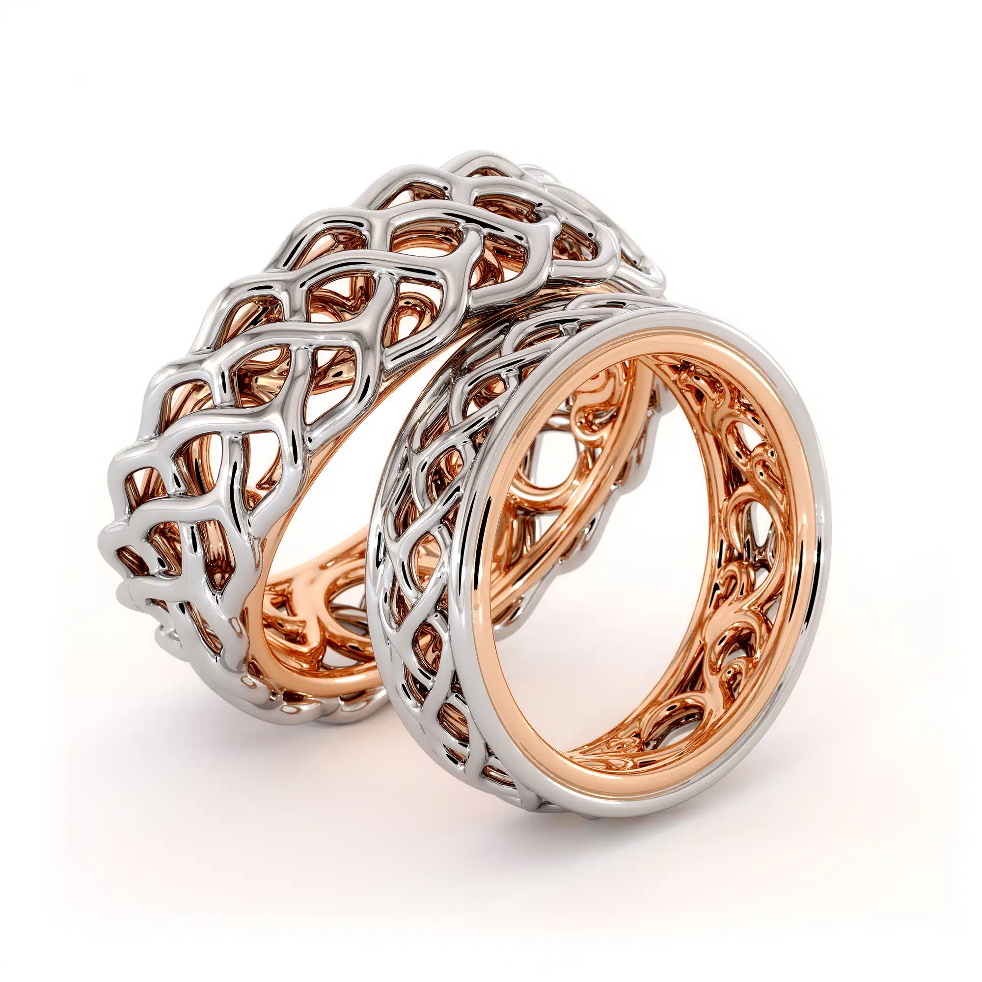 His and Hers Matching Art Deco Bands 14K Two Tone Love Wedding Bands