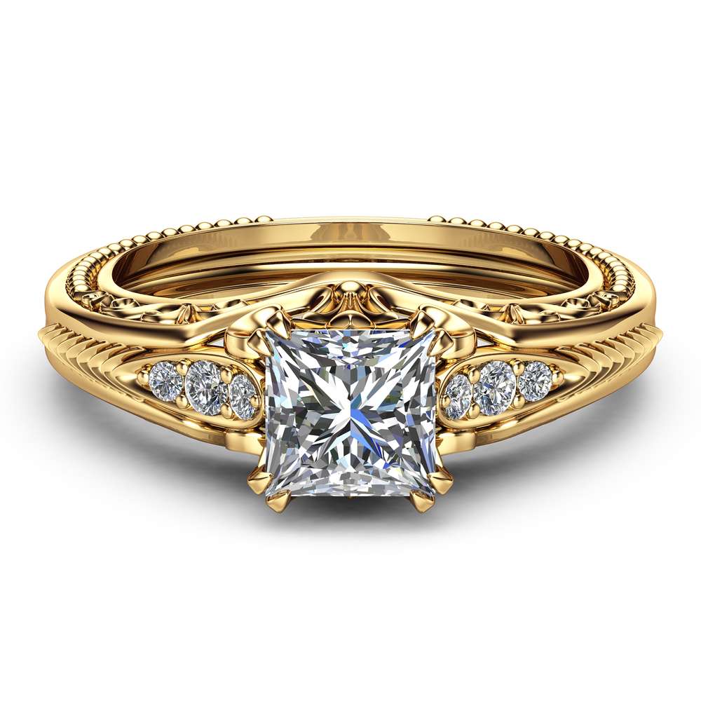 Square Moissanite Victorian Engagement Ring Princess Moissanite Engagement Ring 14K Yellow Gold Victorian Ring