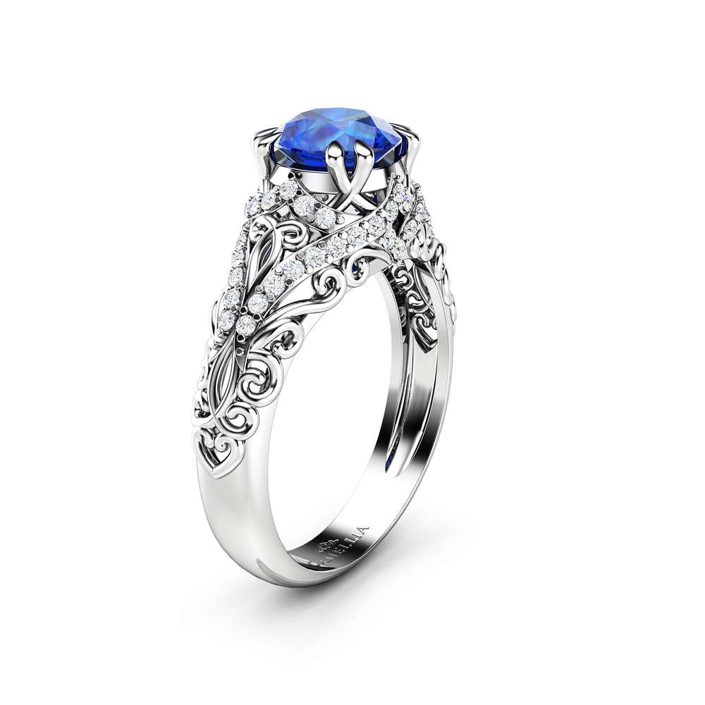 Blue Sapphire Engagement Ring 1 Ct Round Cut Sapphire Wedding Ring 14K White Gold Band 2 Blue Sapphire Engagement Ring 1 Ct Round Cut Sapphire Wedding Ring 14K White Gold Band