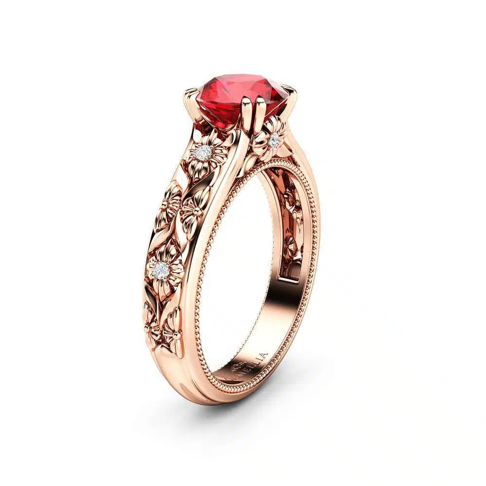 Filigree Flowers Ruby Engagement Ring 14K Rose Gold Ring Unique Floral Ring Anniversary Gift