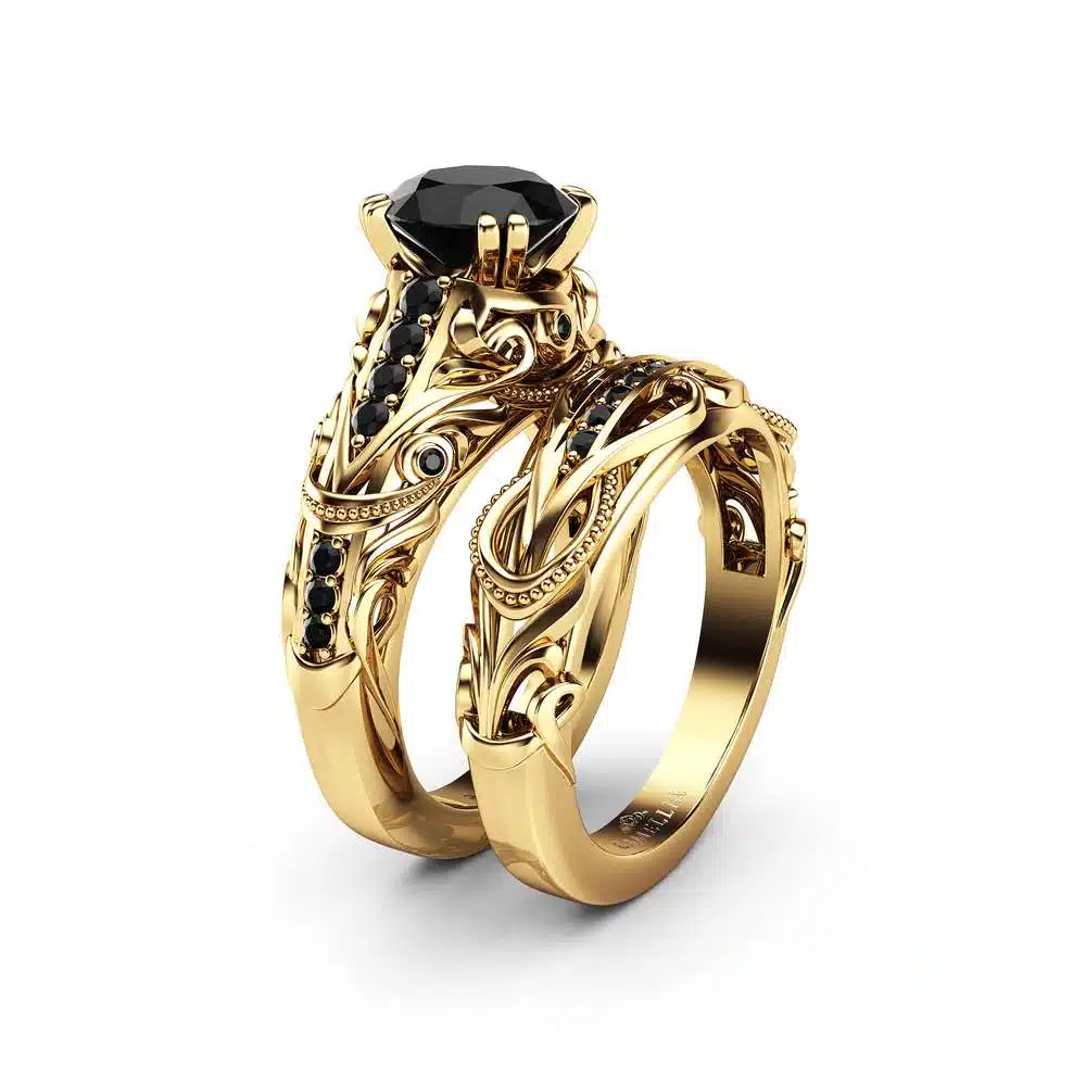 Black Diamond Engagement Ring Set 14K Yellow Gold Diamond Ring Natural Black Side Diamonds 1 Black Diamond Engagement Ring Set 14K Yellow Gold Diamond Ring Natural Black Side Diamonds