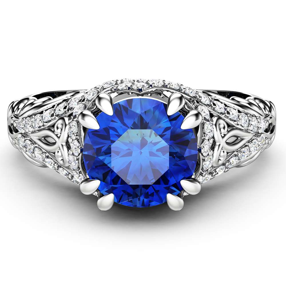 Blue Sapphire Engagement Ring 1 Ct Round Cut Sapphire Wedding Ring 14K White Gold Band 4 Blue Sapphire Engagement Ring 1 Ct Round Cut Sapphire Wedding Ring 14K White Gold Band