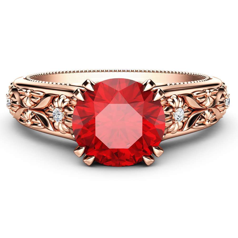 Filigree Flowers Ruby Engagement Ring 14K Rose Gold Ring Unique Floral Ring Anniversary Gift