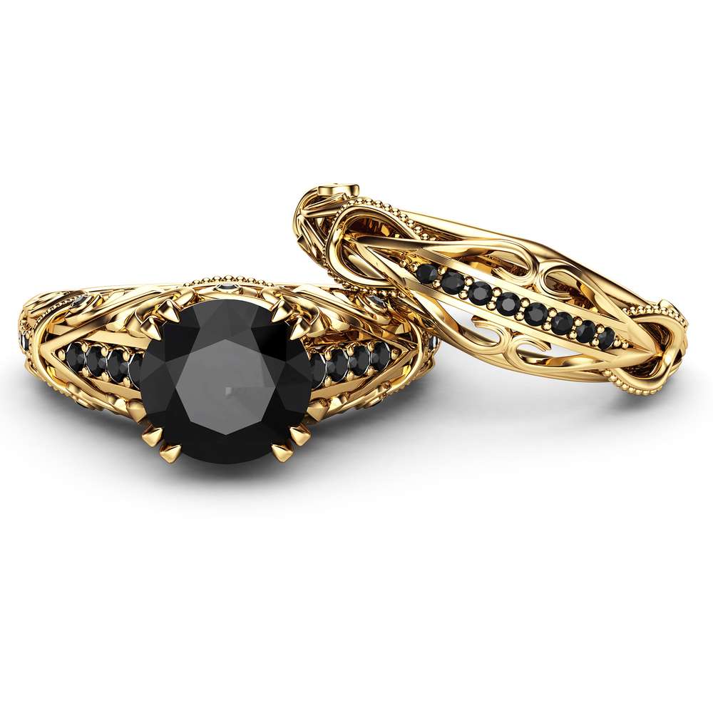 Black Diamond Engagement Ring Set 14K Yellow Gold Diamond Ring Natural Black Side Diamonds 3 Black Diamond Engagement Ring Set 14K Yellow Gold Diamond Ring Natural Black Side Diamonds