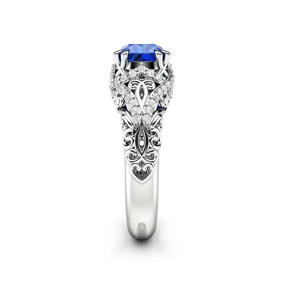 Blue Sapphire Engagement Ring 1 Ct Round Cut Sapphire Wedding Ring 14K White Gold Band 3 Blue Sapphire Engagement Ring 1 Ct Round Cut Sapphire Wedding Ring 14K White Gold Band