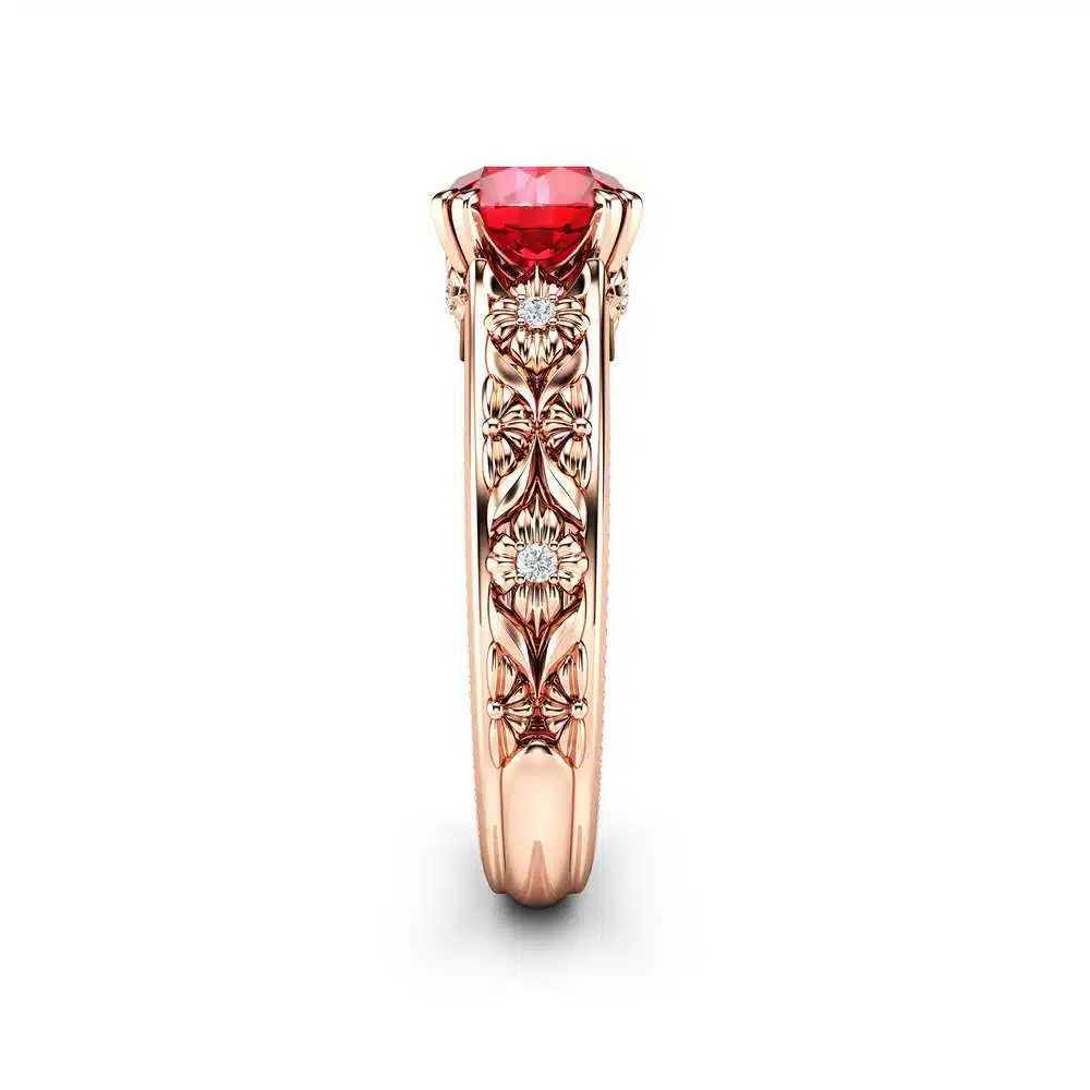 Filigree Flowers Ruby Engagement Ring 14K Rose Gold Ring Unique Floral Ring Anniversary Gift