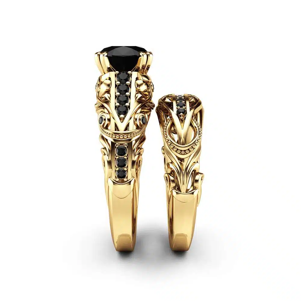 Black Diamond Engagement Ring Set 14K Yellow Gold Diamond Ring Natural Black Side Diamonds 2 Black Diamond Engagement Ring Set 14K Yellow Gold Diamond Ring Natural Black Side Diamonds