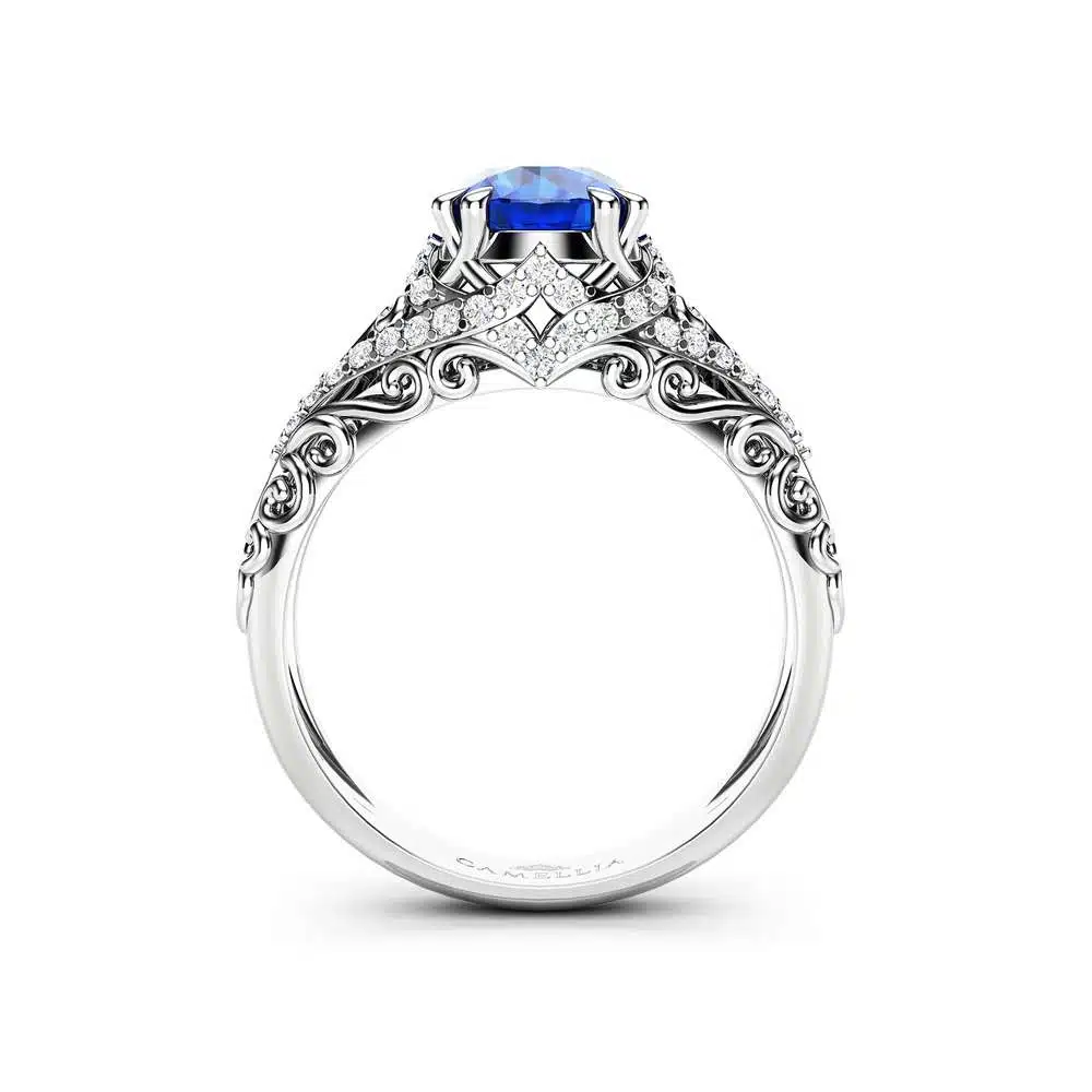 Blue Sapphire Engagement Ring 1 Ct Round Cut Sapphire Wedding Ring 14K White Gold Band 1 Blue Sapphire Engagement Ring 1 Ct Round Cut Sapphire Wedding Ring 14K White Gold Band