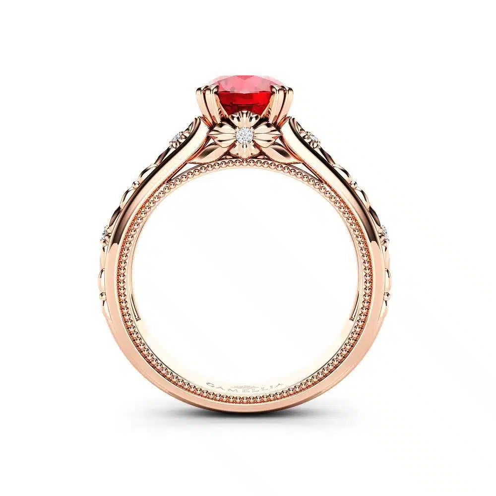 Filigree Flowers Ruby Engagement Ring 14K Rose Gold Ring Unique Floral Ring Anniversary Gift